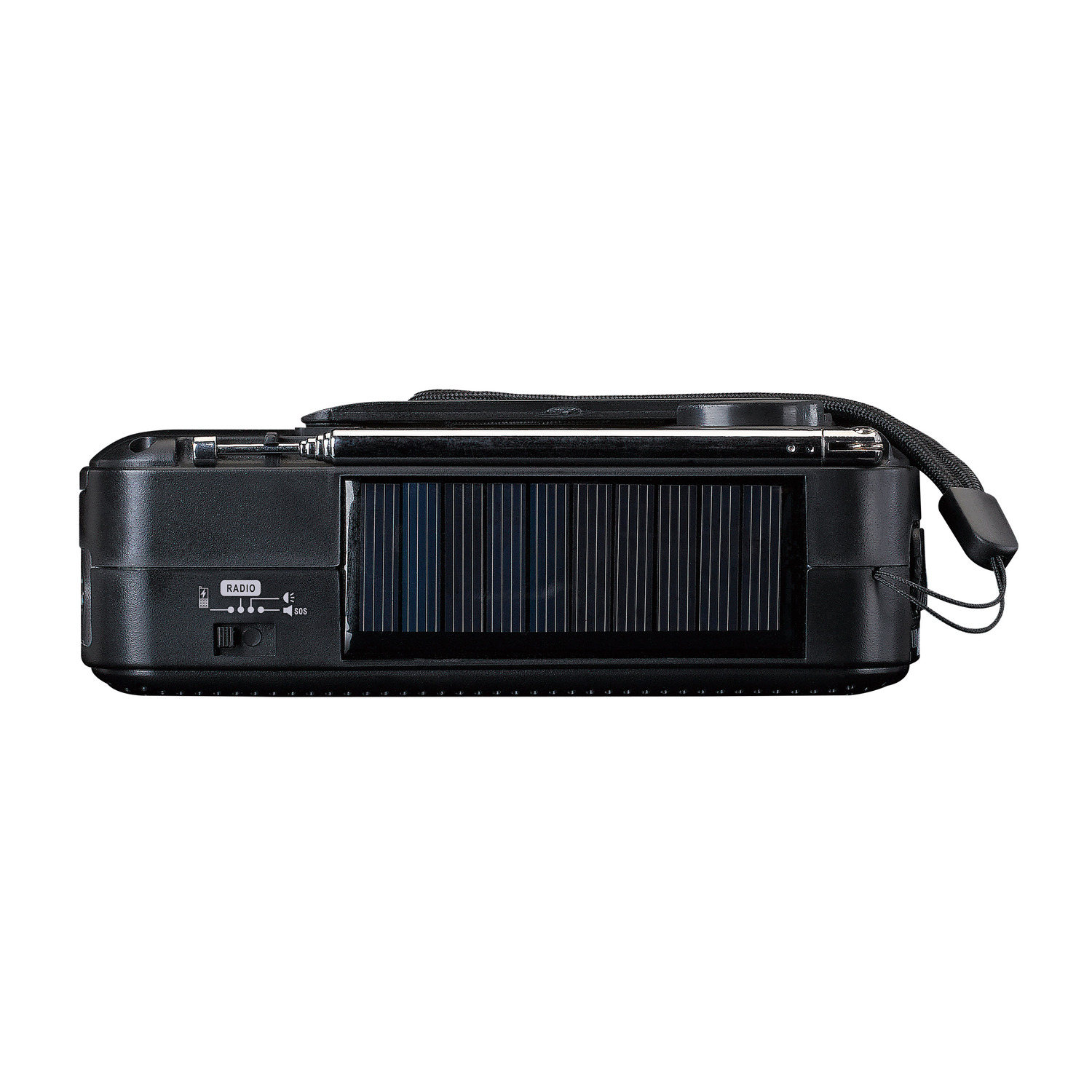 Une radio portable noire, avec un panneau solaire et une bandoulière.