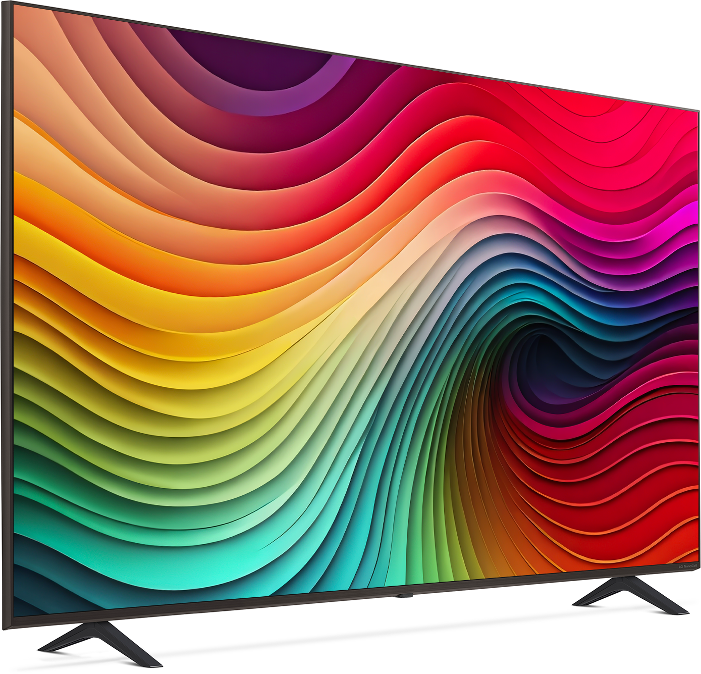 TV képernyő vibráló, többszínű, ívelt vonalakkal, absztrakt mintát alkotva.