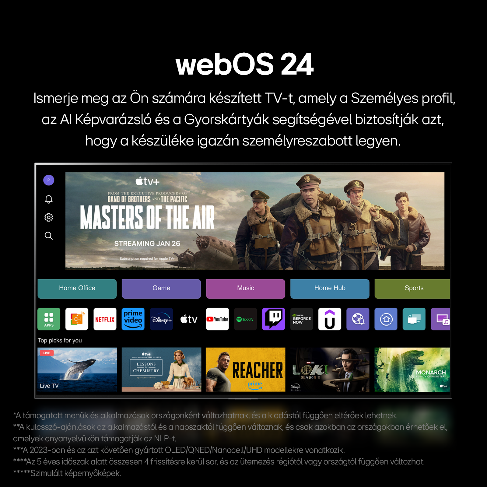 Tévéképernyő menüopciókkal és filmválasztékkal.