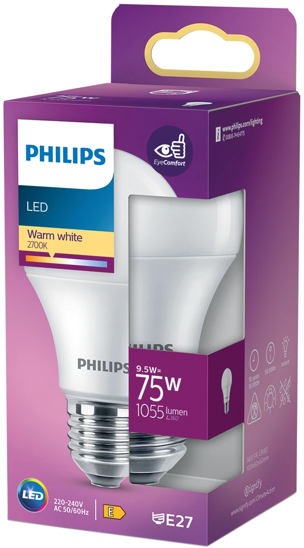 Egy Philips LED izzó egy dobozban. A doboz fehér, lila és sárga. Mutatja az izzót és a specifikációkat.