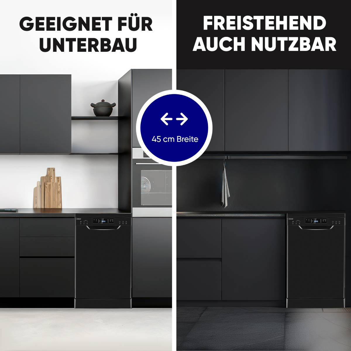 Zwei Bilder, die einen Geschirrspüler zeigen. Einer eingebaut und der andere freistehend, mit Text zur Größe.