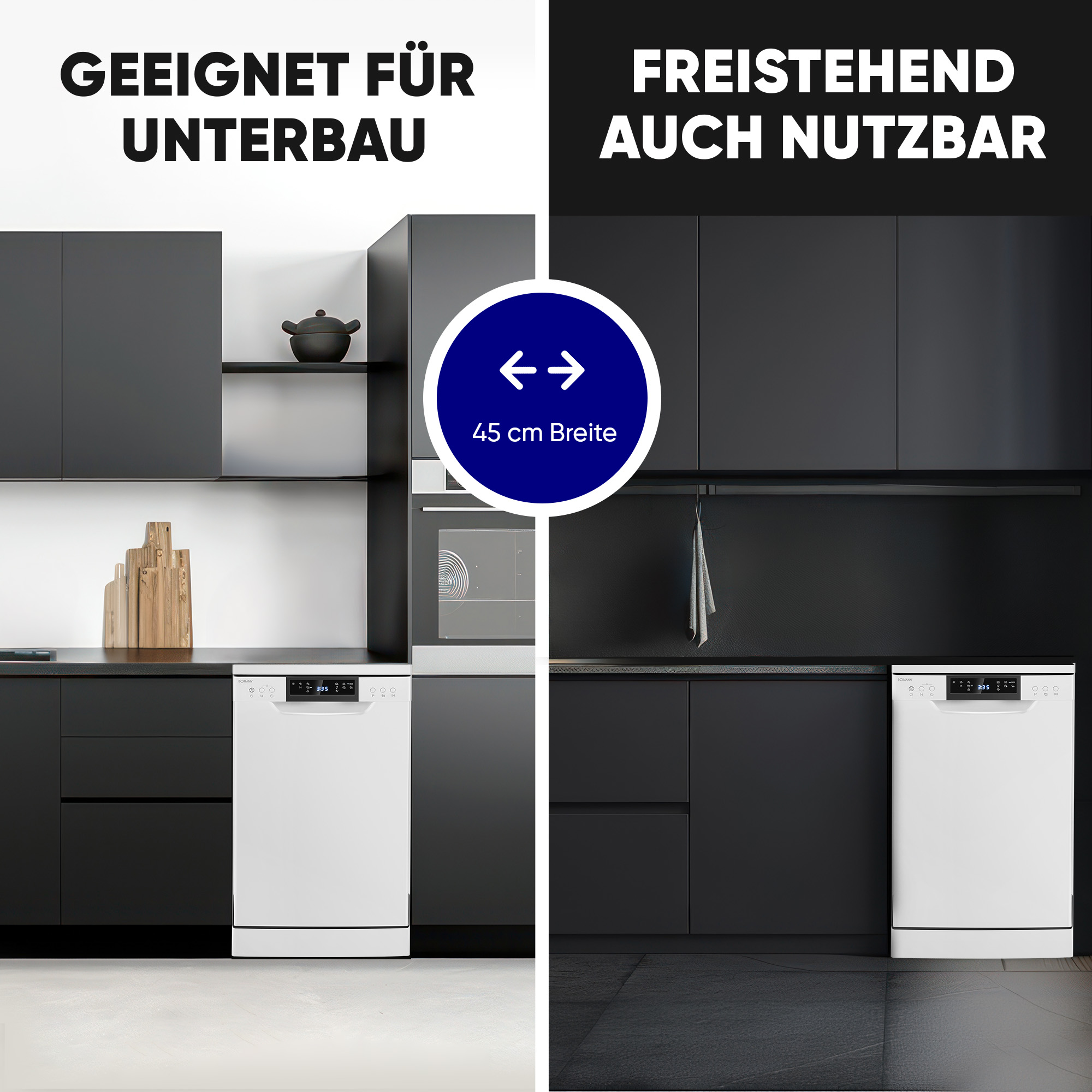 Geschirrspüler links, Küche rechts. Beide sind weiß und schwarz.