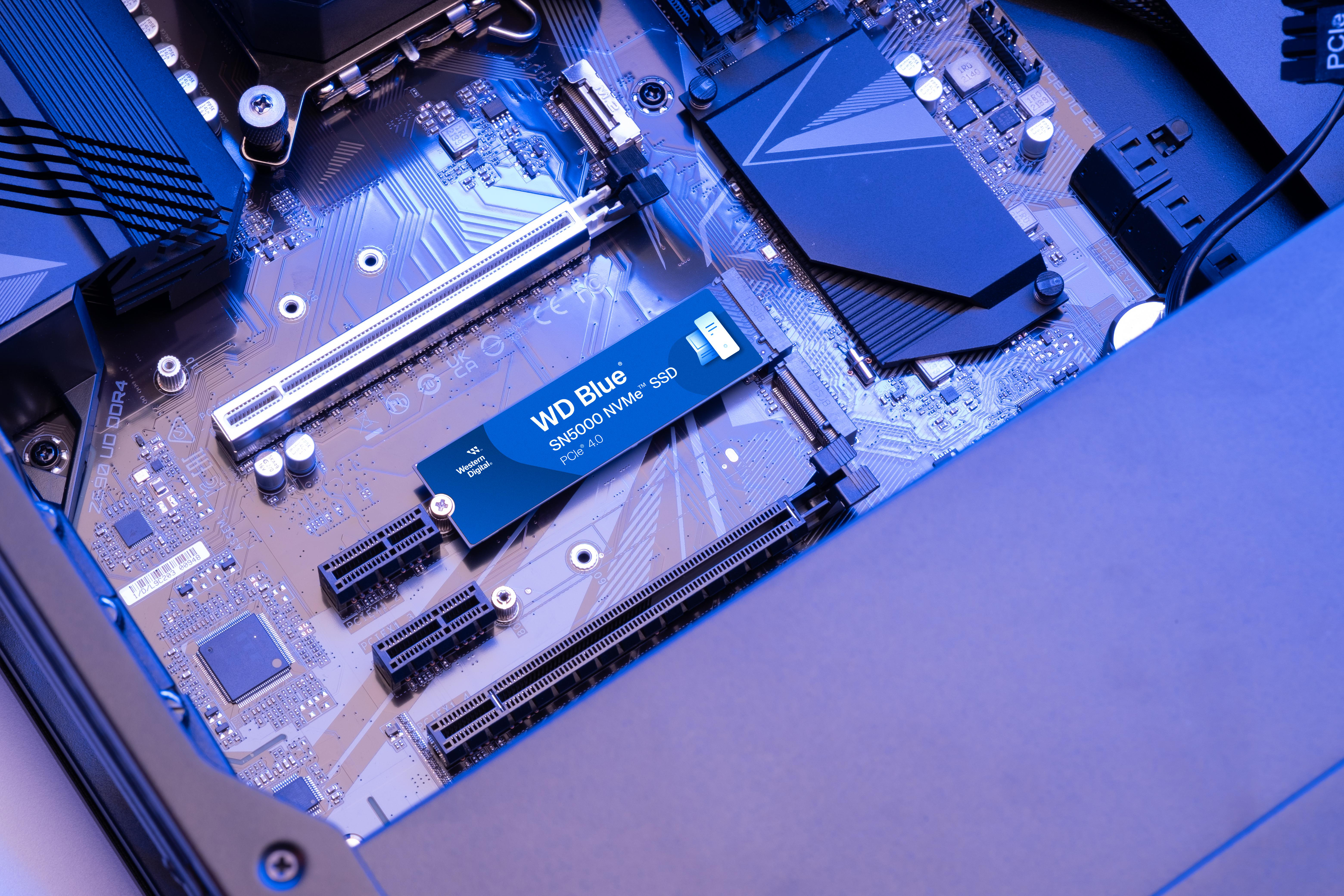 Computer-Motherboard mit einer WD Blue SSD, die in einem Steckplatz installiert ist.