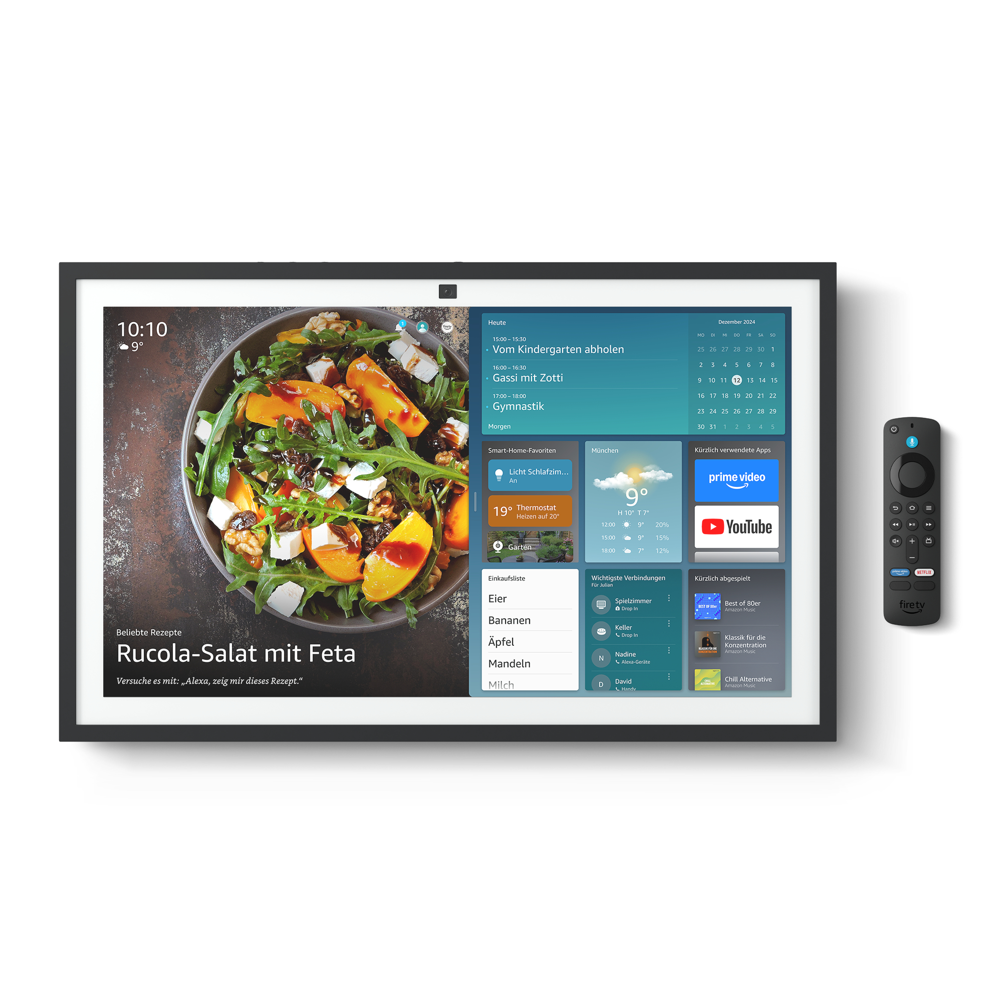 Ein Smart-Display mit Rezept und Kalender, mit einer Fernbedienung daneben.