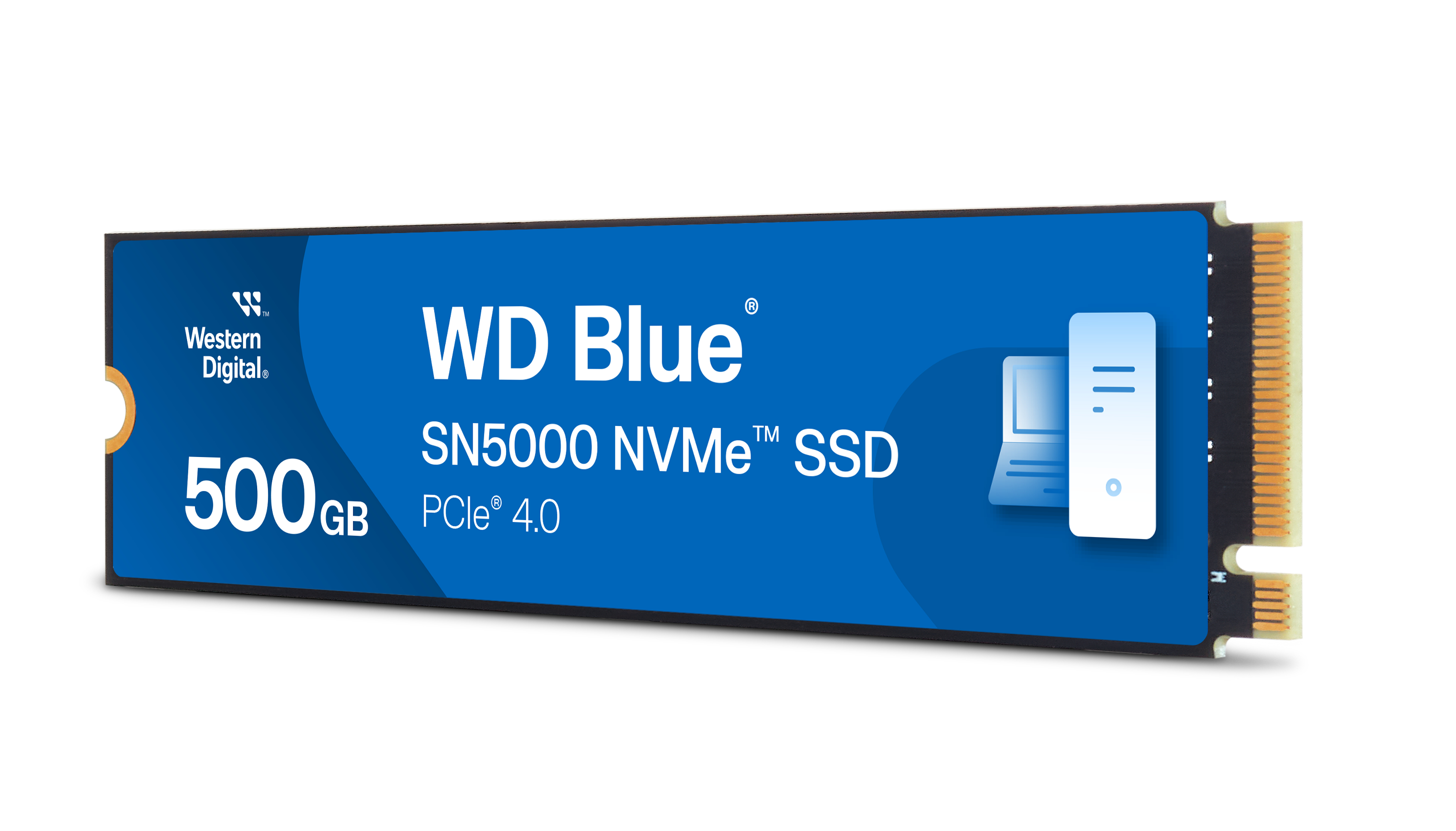Eine WD Blue SN5000 NVMe SSD. Es ist blau mit weißem Etikett und eine Solid-State-Festplatte.