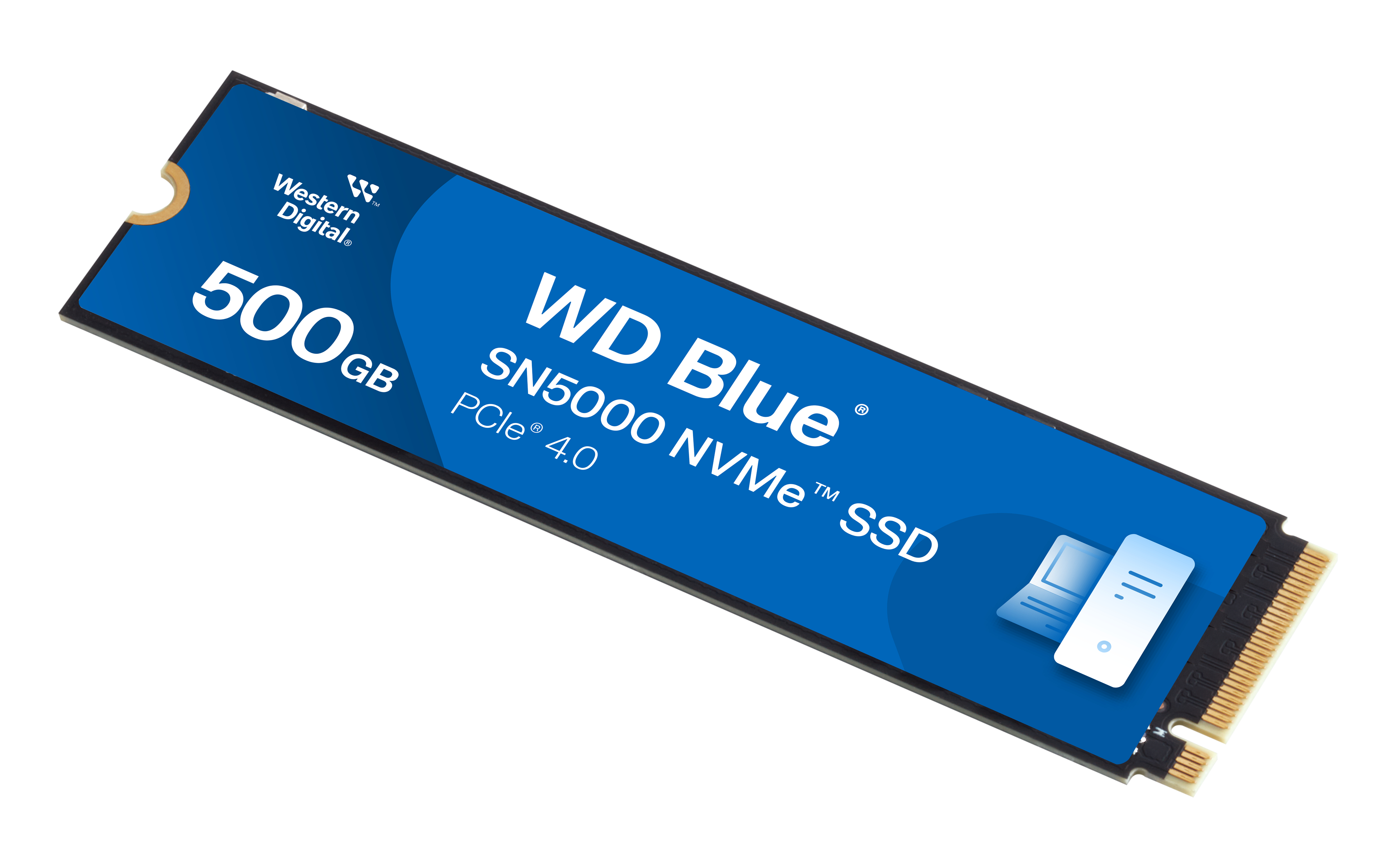WD Blue 500GB NVMe SSD auf weißem Hintergrund. Das Gerät ist blau und schwarz.