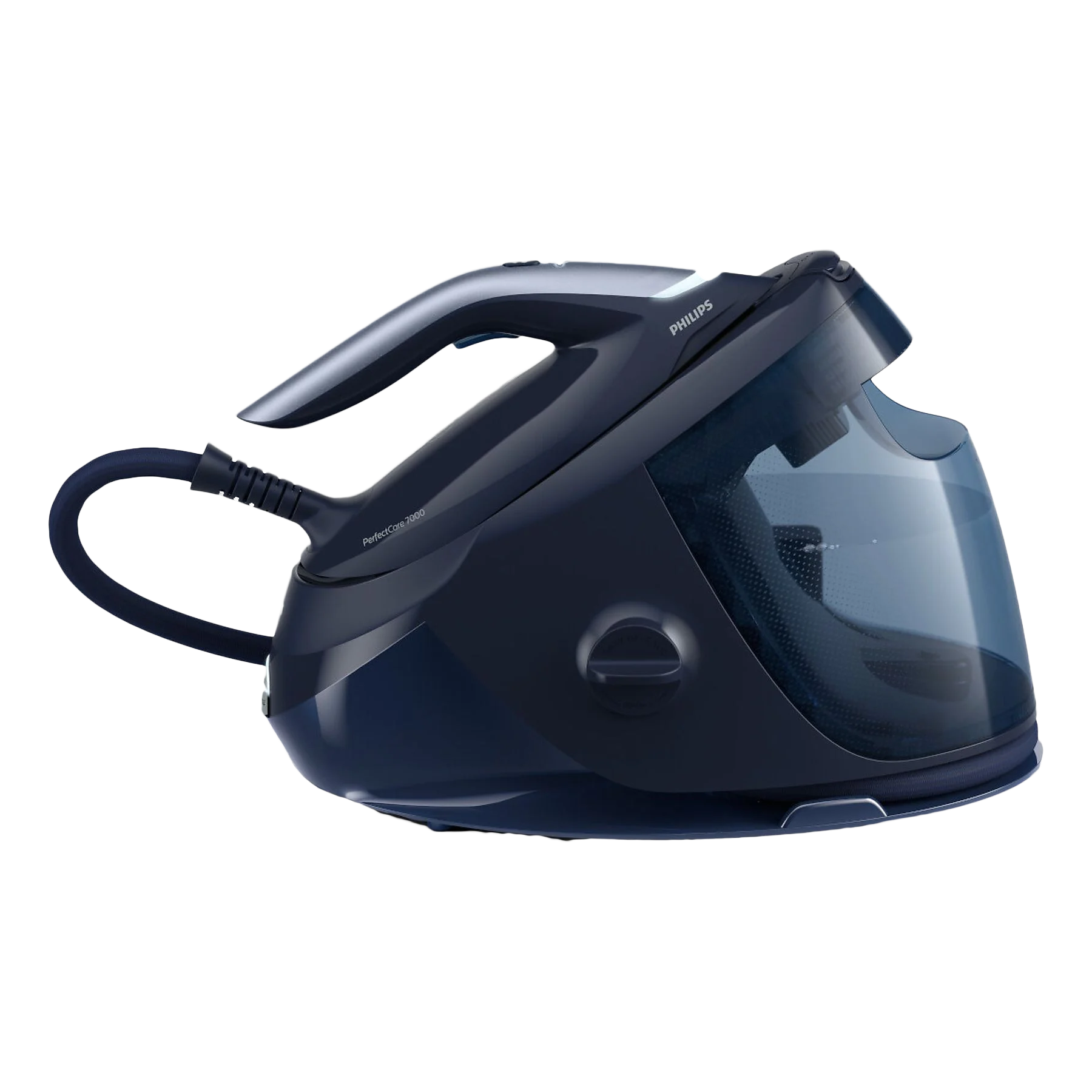 Ciemnoniebieskie żelazko parowe Philips PerfectCare. Ma zbiornik na wodę i podłączony wąż.