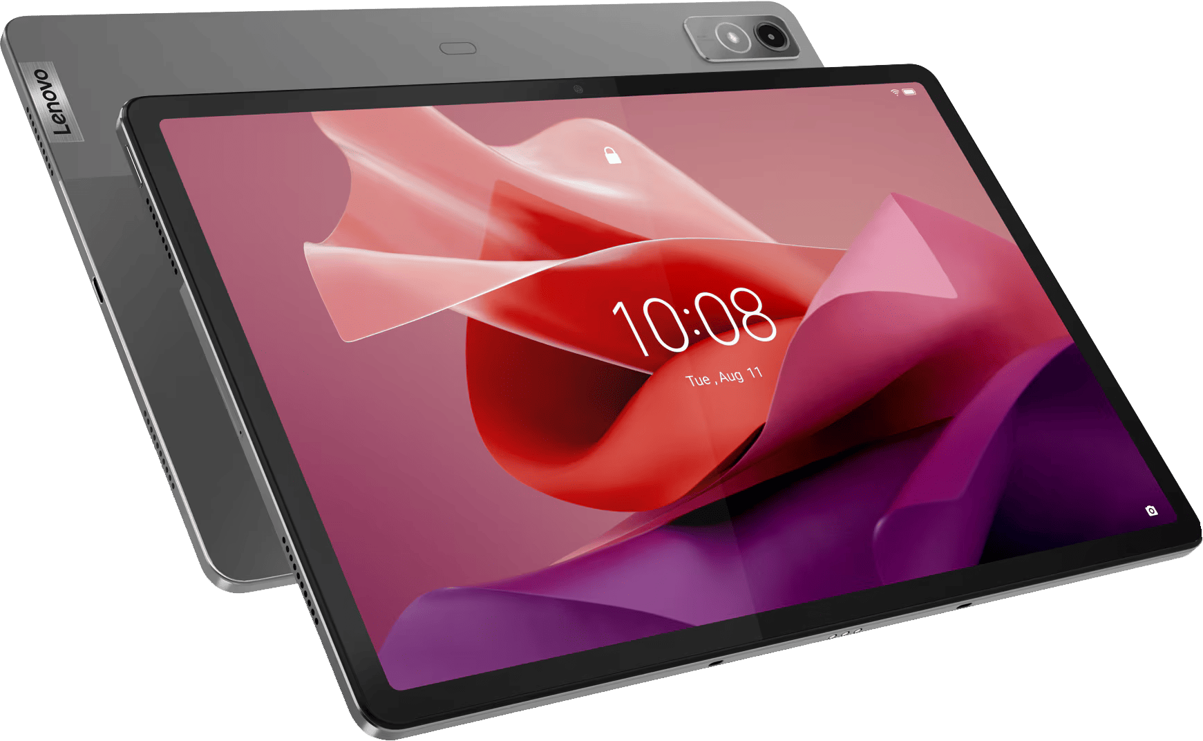Szürke Lenovo tablet, rózsaszín absztrakt képpel és 10:08 időponttal a képernyőn.
