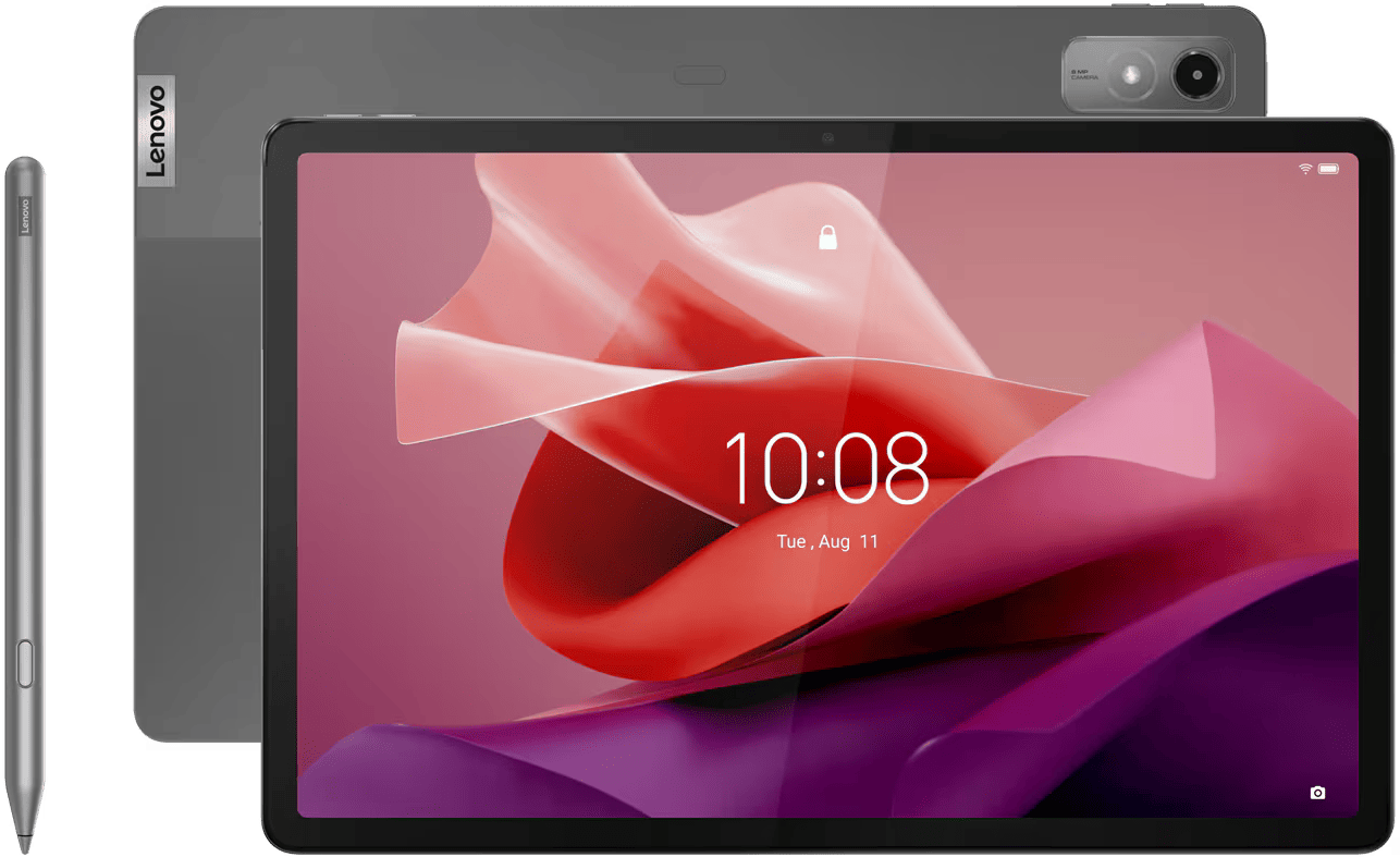 Egy tablet tollal. A tablet szürke, rózsaszín és lila dizájnnal.