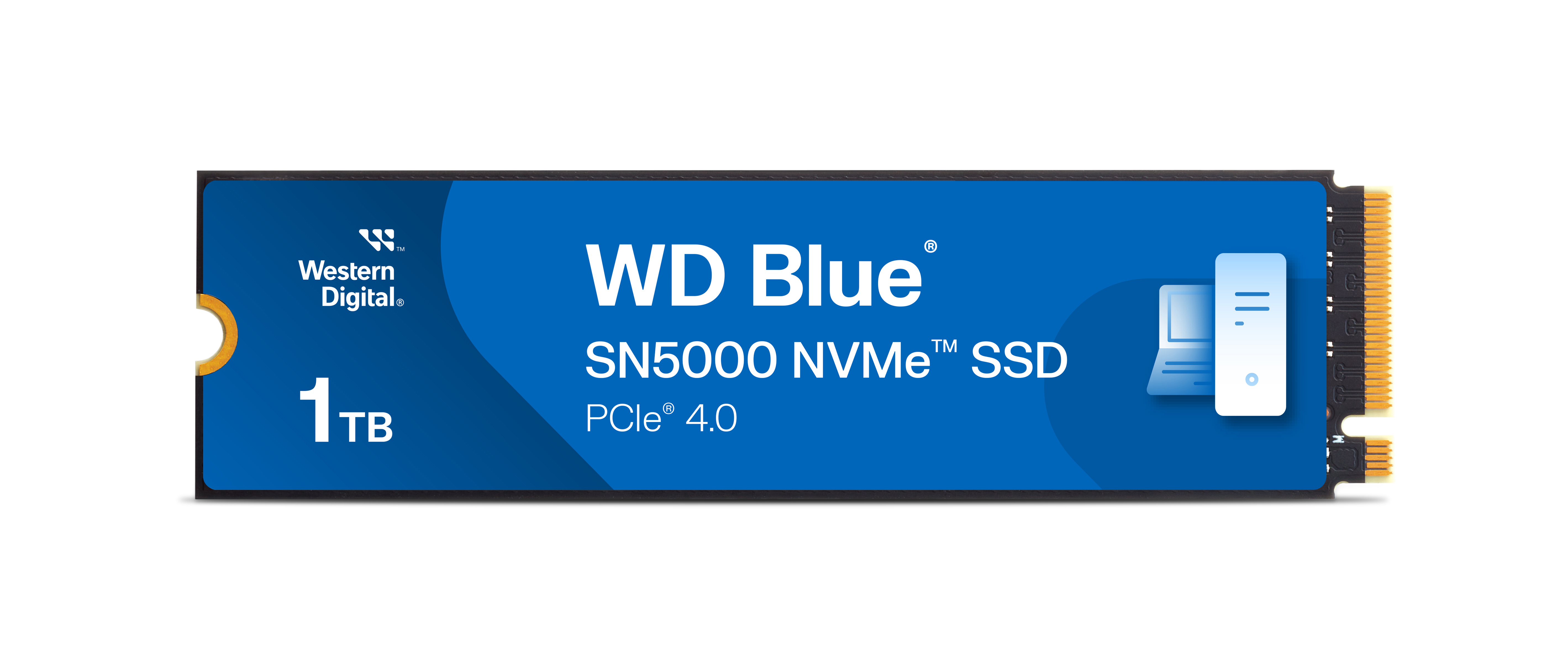 WD Blue SN5000 NVMe SSD mit blauem und weißem Design.