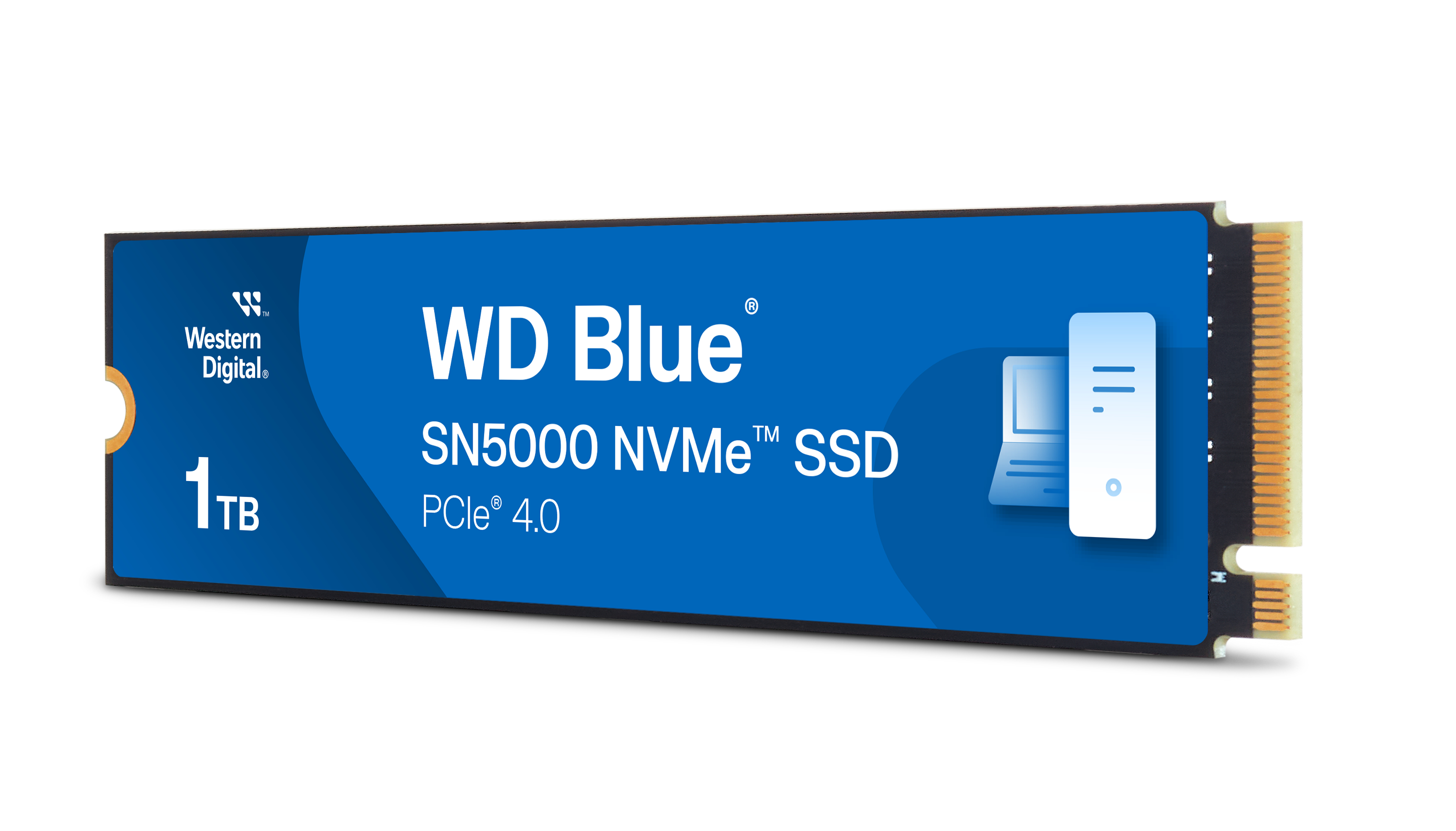 WD Blue 1TB SSD auf weißem Hintergrund. Blaues Etikett mit Text und einer Laptop-Grafik.