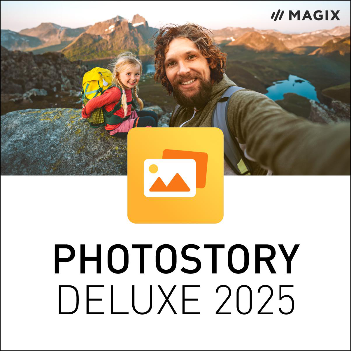 Eine Softwarebox mit einem Mann und einem Mädchen, die ein Selfie vor einer Bergkulisse machen. Der Titel ist sichtbar.
