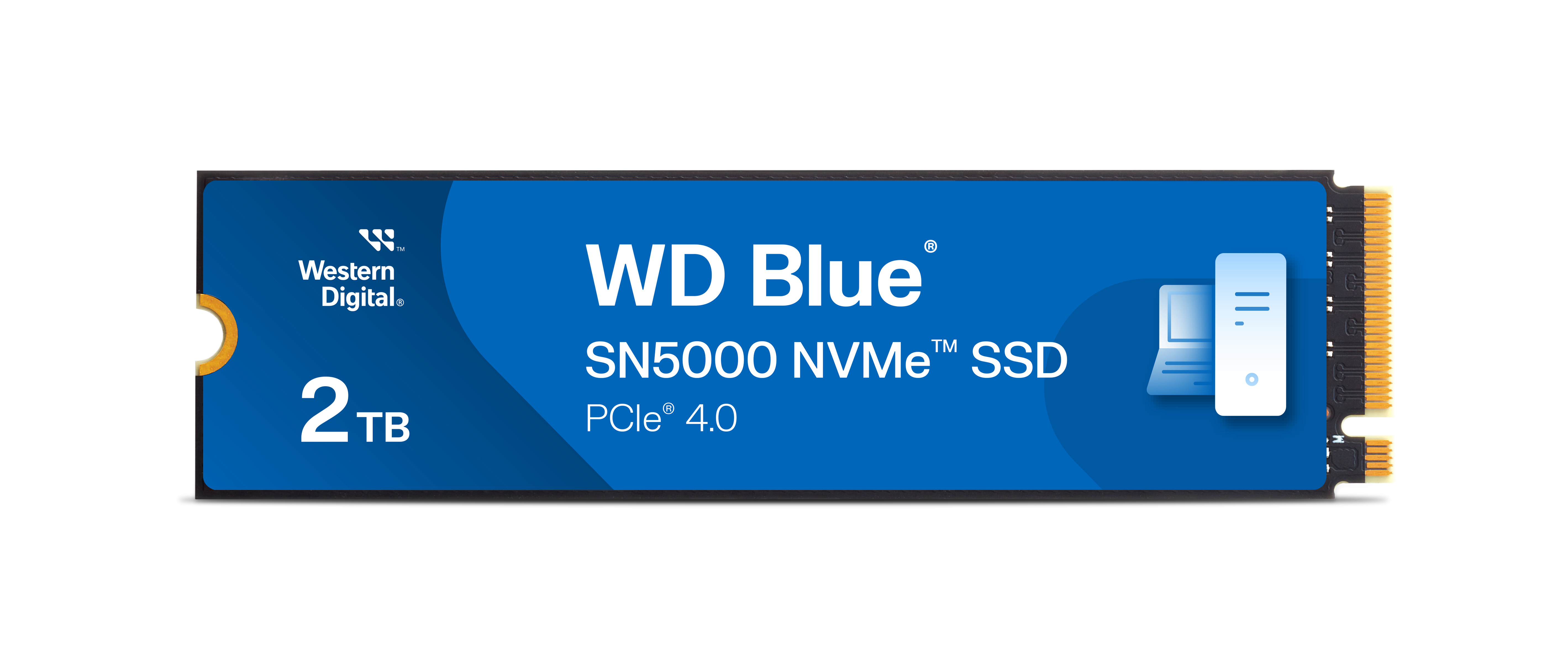 SSD-Laufwerk, blau und weiß, WD Blue SN5000, 2TB, PCIe 4.0, Western Digital Logo.