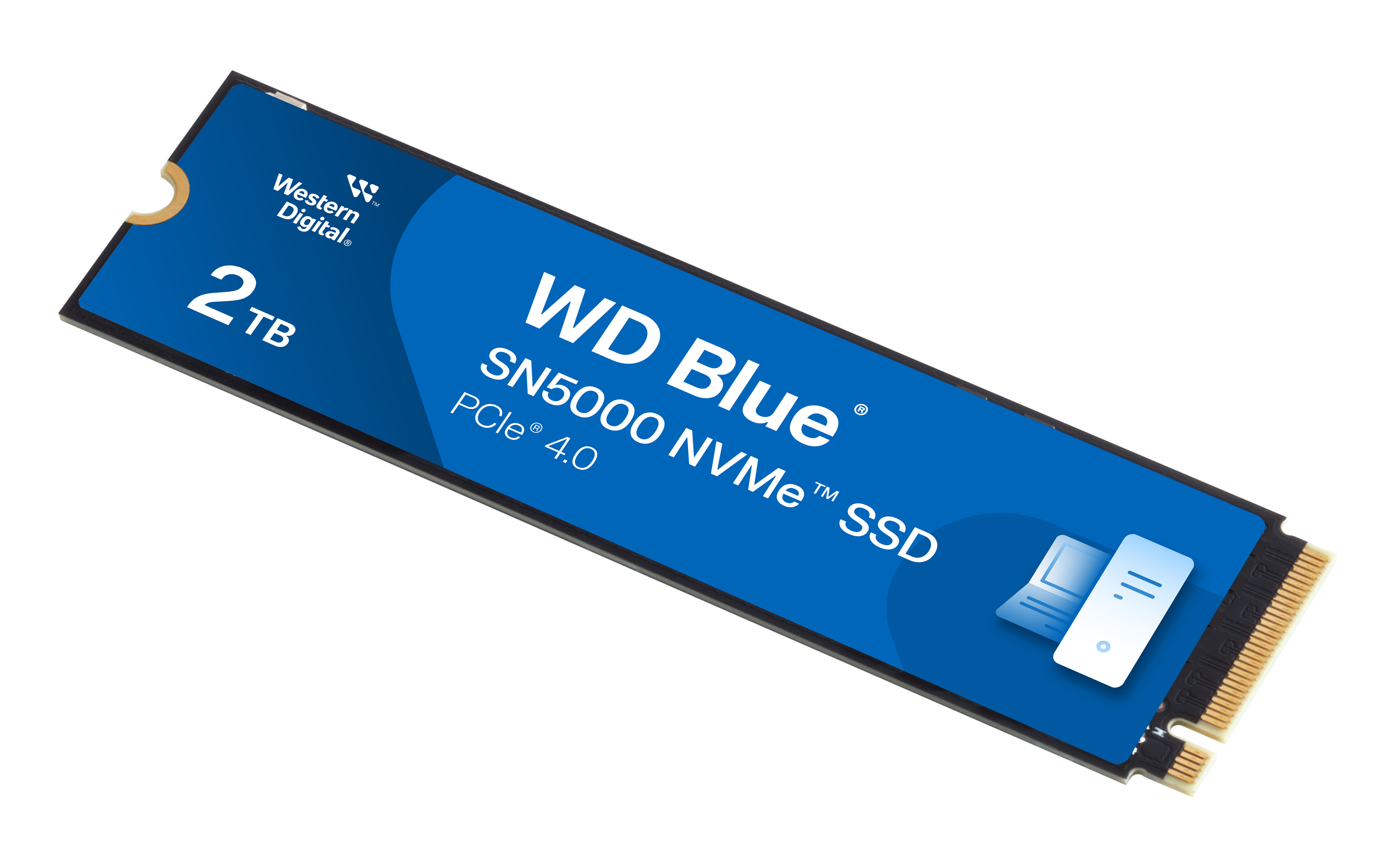 WD Blue 2TB SSD, ein blaues rechteckiges Gerät mit dem Western Digital Logo und Text.