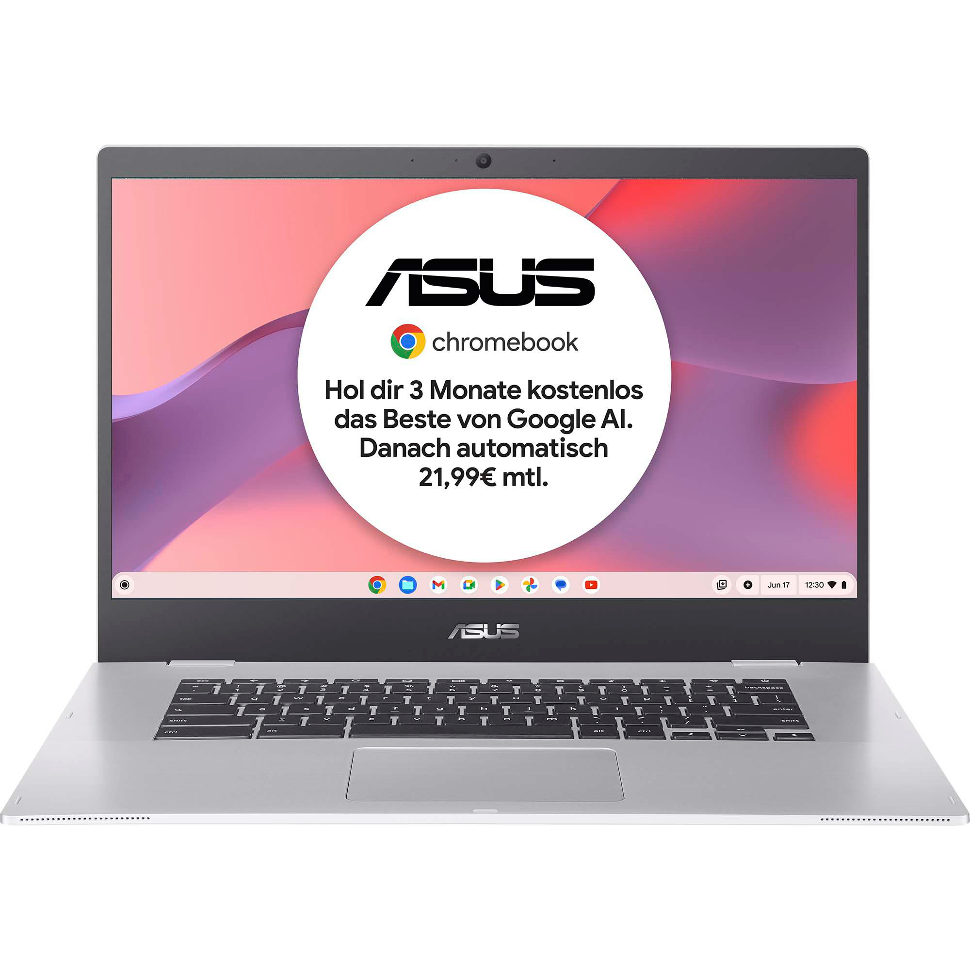 Silberner ASUS Chromebook Laptop mit großem Bildschirm, der eine Werbung zeigt.