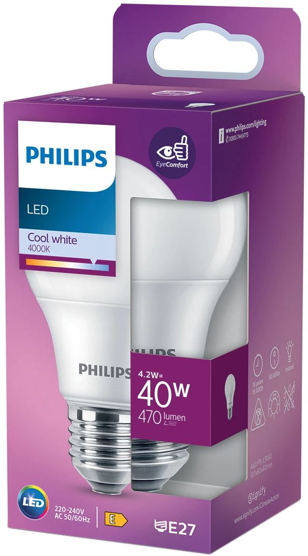 Philips LED izzó lila dobozban, termékinformációval.