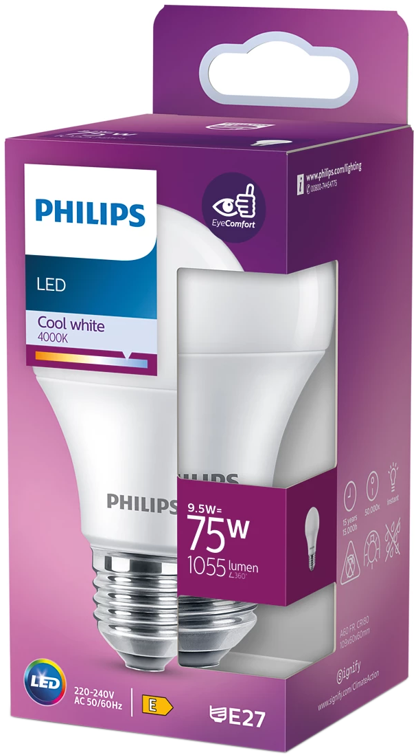 Egy Philips LED izzó egy dobozban, szöveggel, amely leírja a jellemzőit és az energiahatékonyságát.