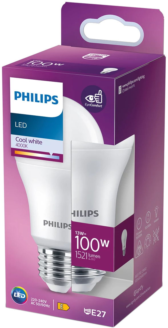 Philips LED izzó dobozban, amelyen a izzó látható, és részletezi a funkcióit.