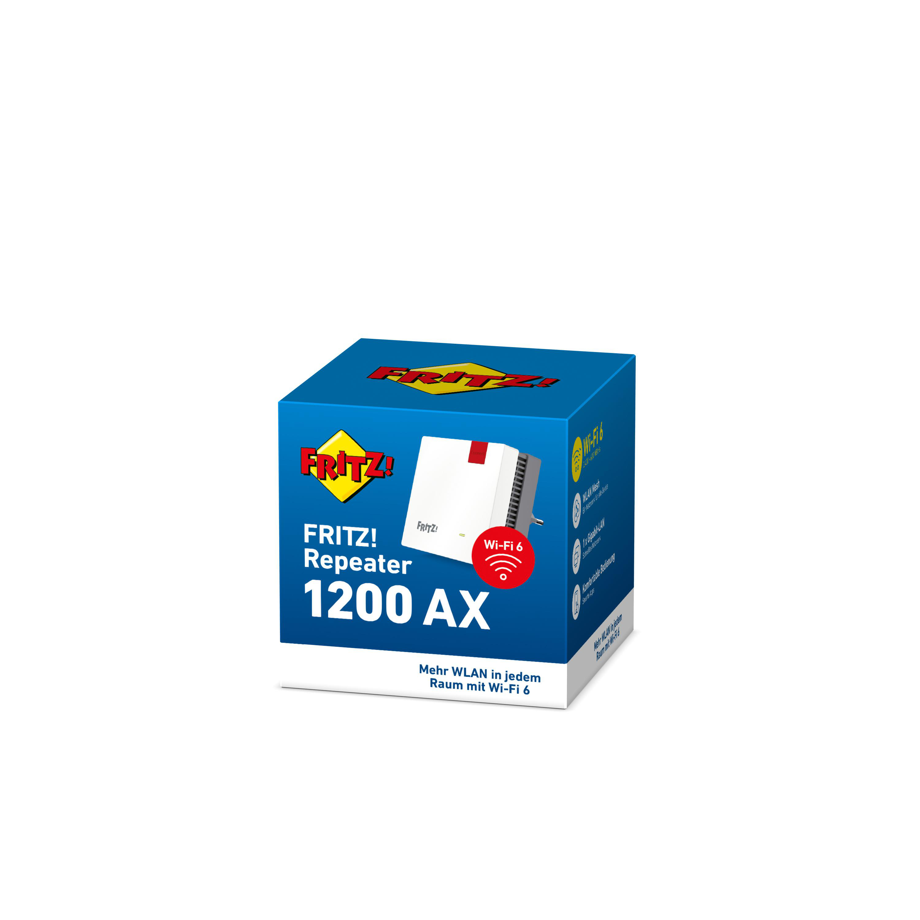 Eine blau-weiße Box mit der Aufschrift "FRITZ! Repeater 1200 AX" auf weißem Hintergrund.