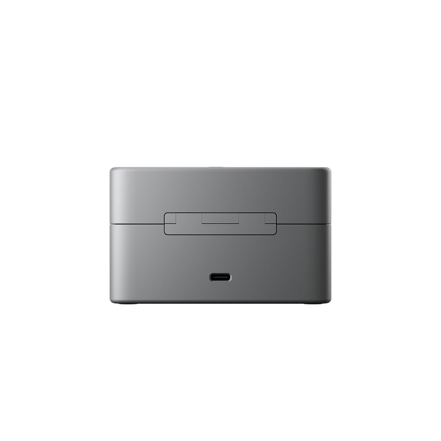 Een grijs rechthoekig apparaat met een USB-C-poort op een zwarte achtergrond.