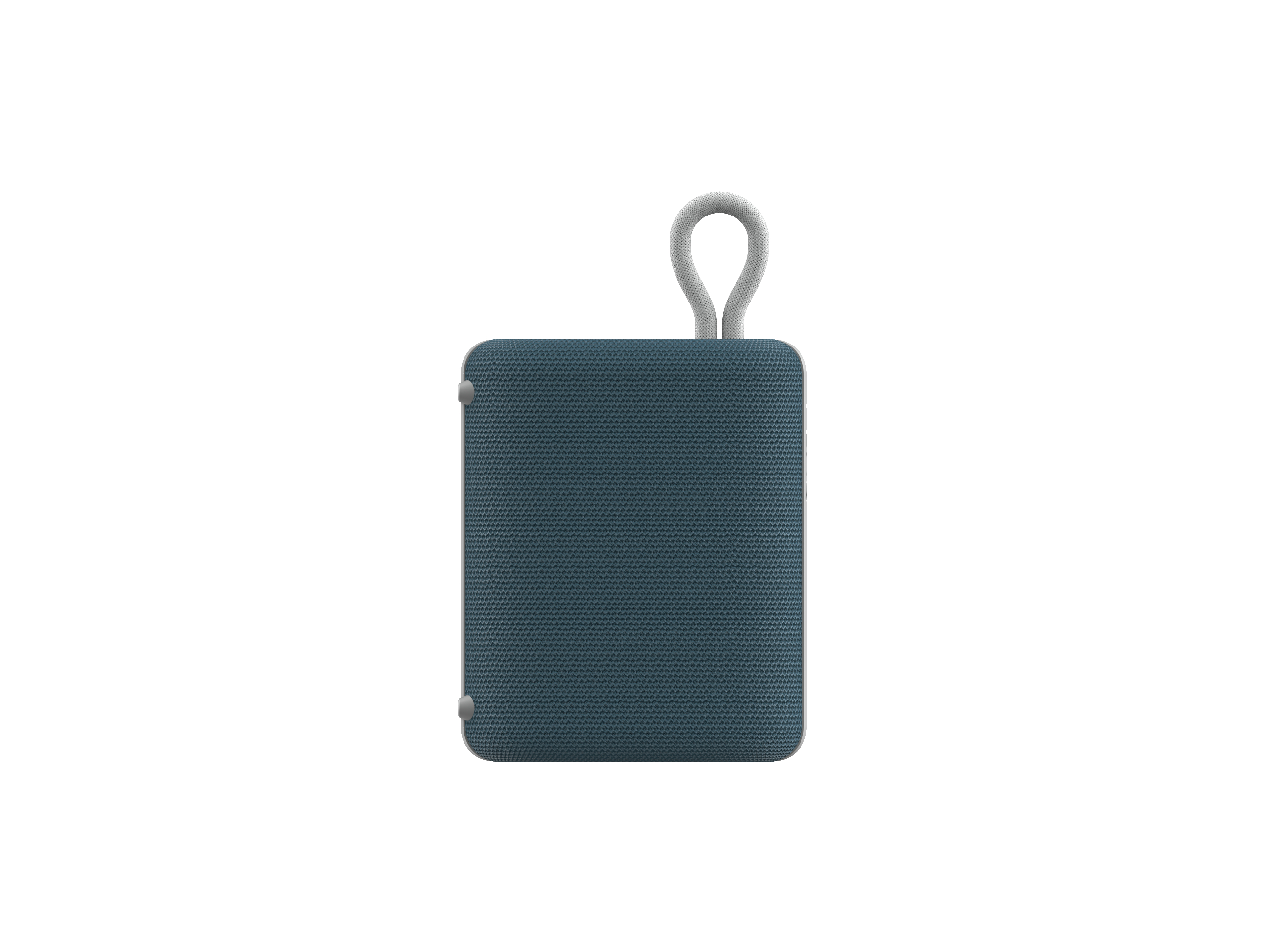 Blau-grauer tragbarer Lautsprecher mit Schlaufe. Einfaches Design, kleine Größe und Stoffstruktur.