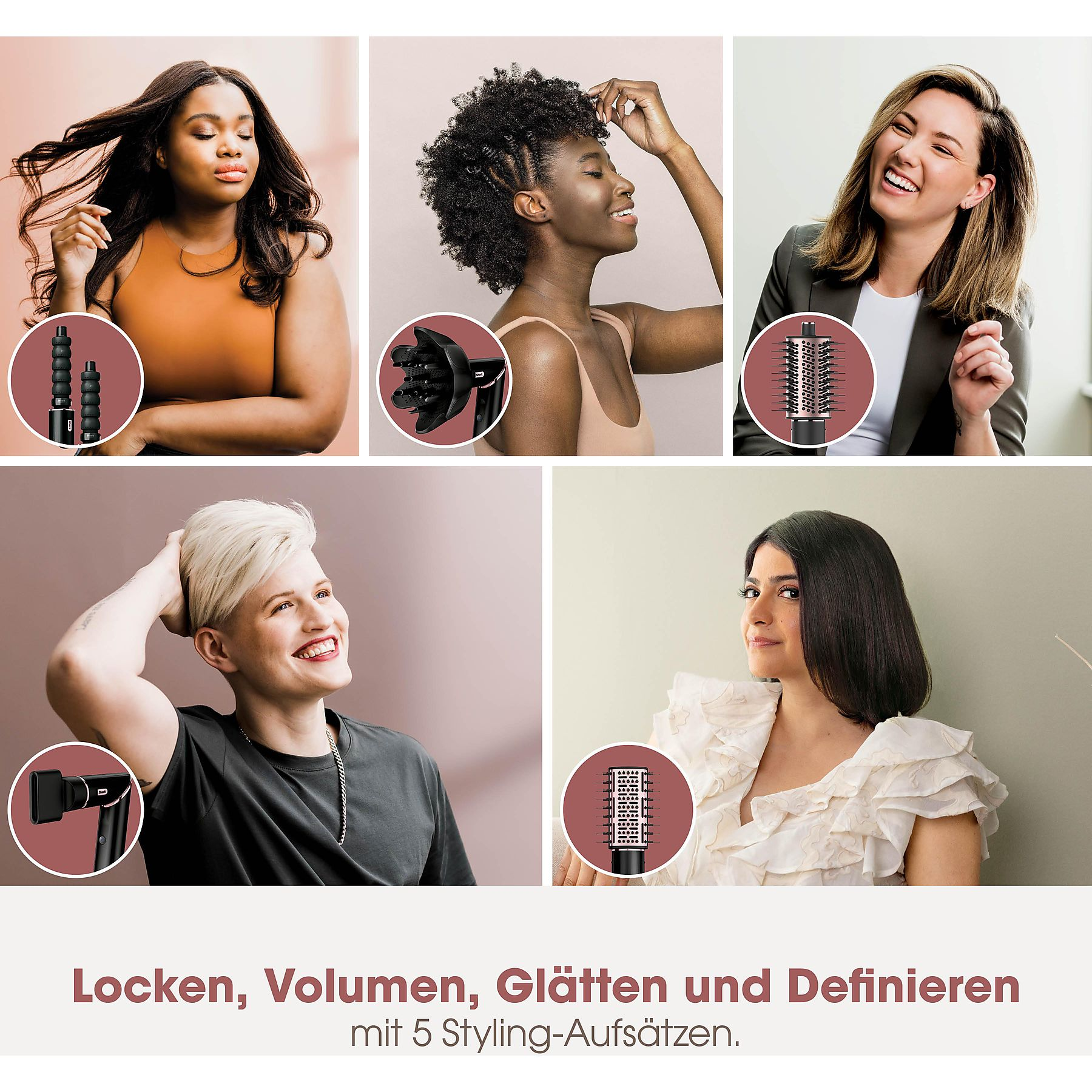 Fünf Frauen zeigen verschiedene Frisuren mit verschiedenen Styling-Aufsätzen.