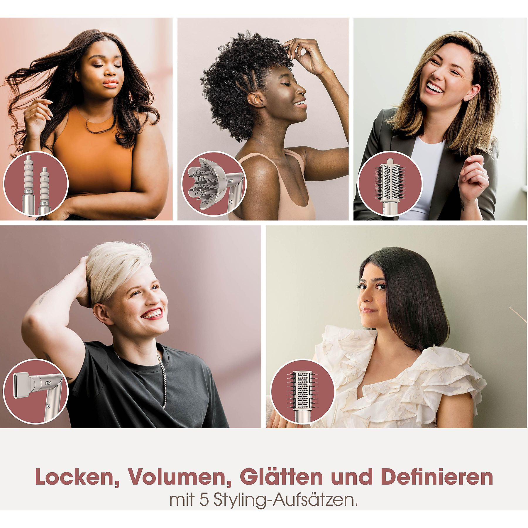 Fünf Frauen mit verschiedenen Frisuren und Styling-Tools.