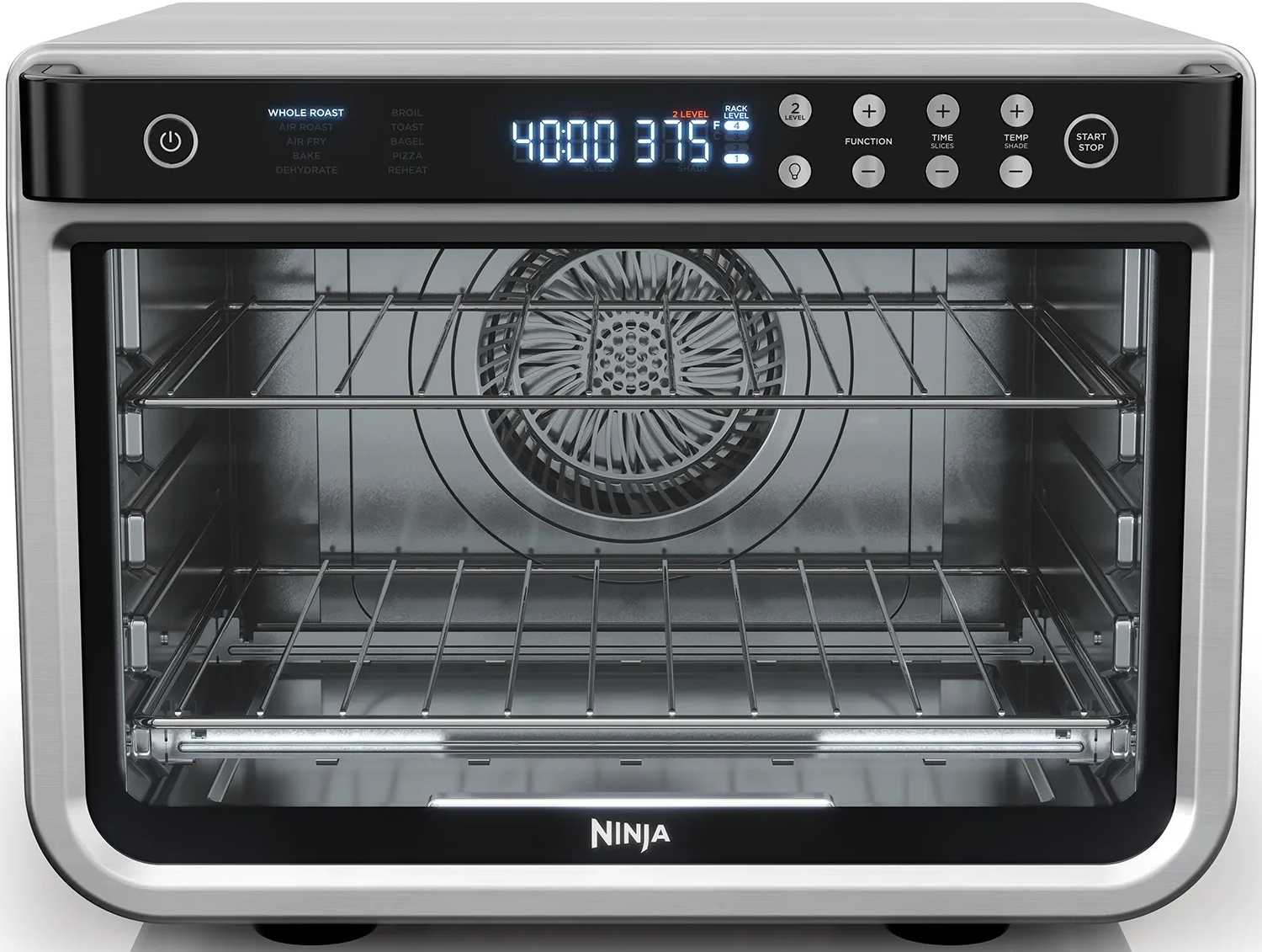 Forno friggitrice ad aria Ninja, acciaio inossidabile, con display digitale e griglie interne.
