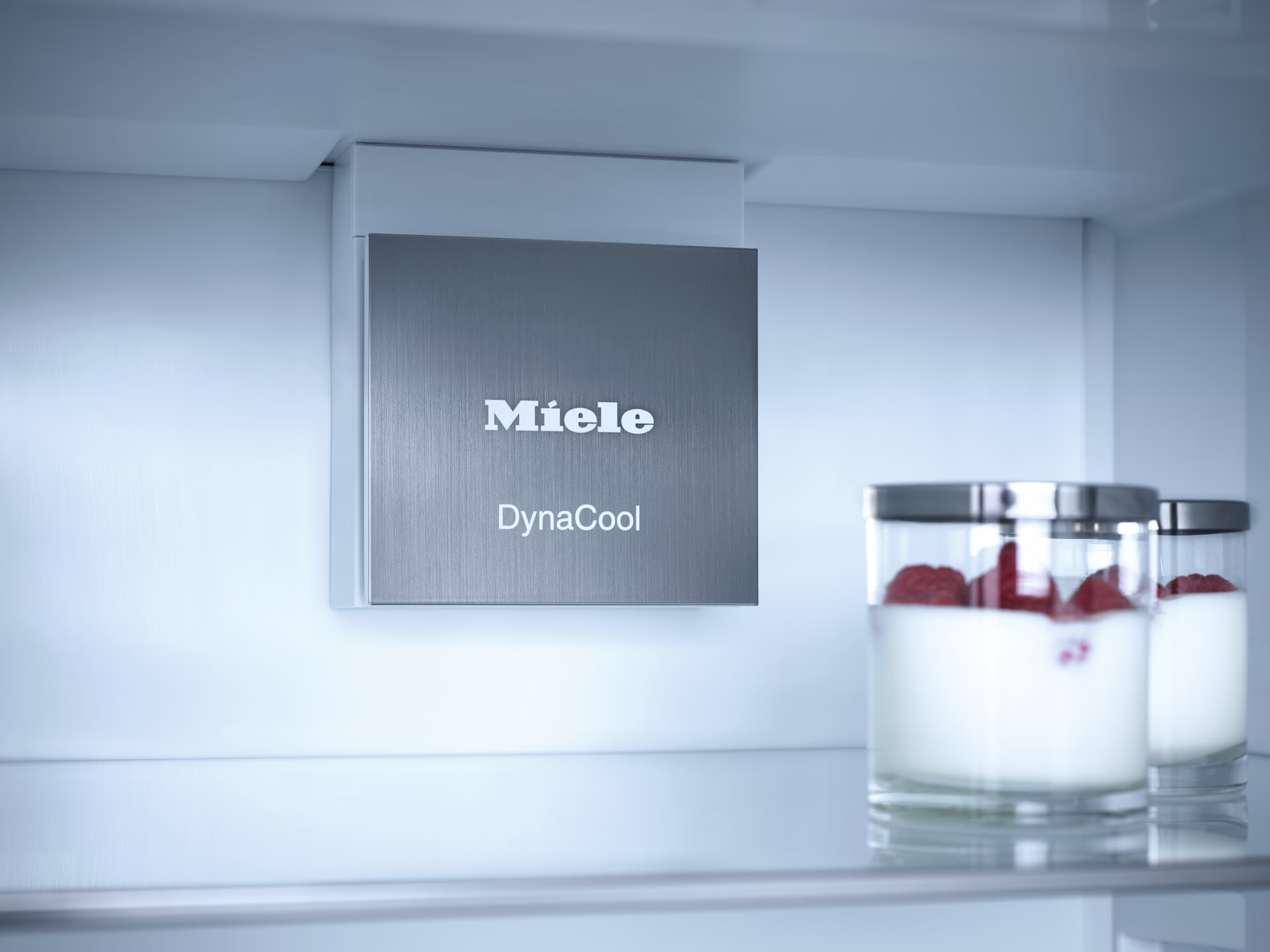 Interno di un frigorifero con pannello argentato e yogurt.