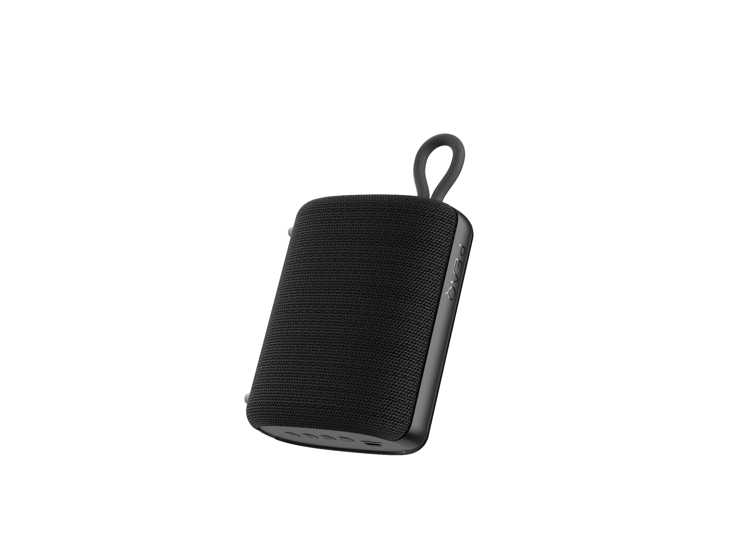 Schwarzer tragbarer Lautsprecher mit Schlaufengriff, isoliert auf schwarzem Hintergrund.