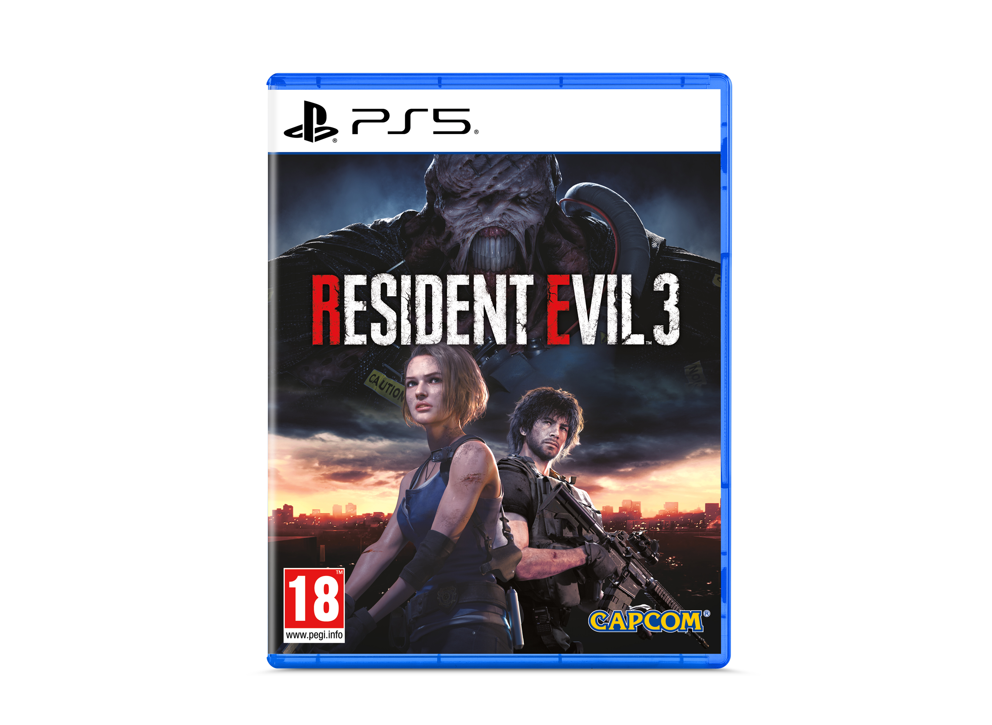Okładka gry Resident Evil 3 PS5 z dwiema postaciami i potworną postacią w tle.
