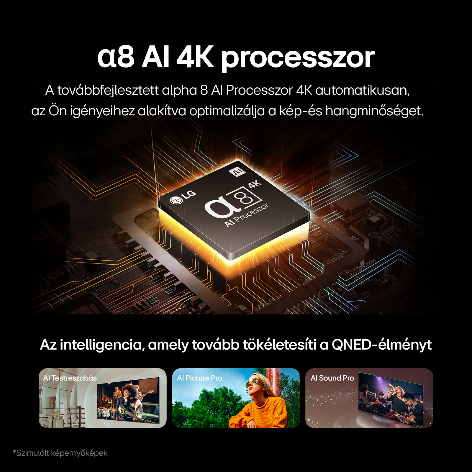 Egy LG TV reklám. A kép egy processzort és három kisebb képernyőt mutat. Szöveg: AI 4K processzor.