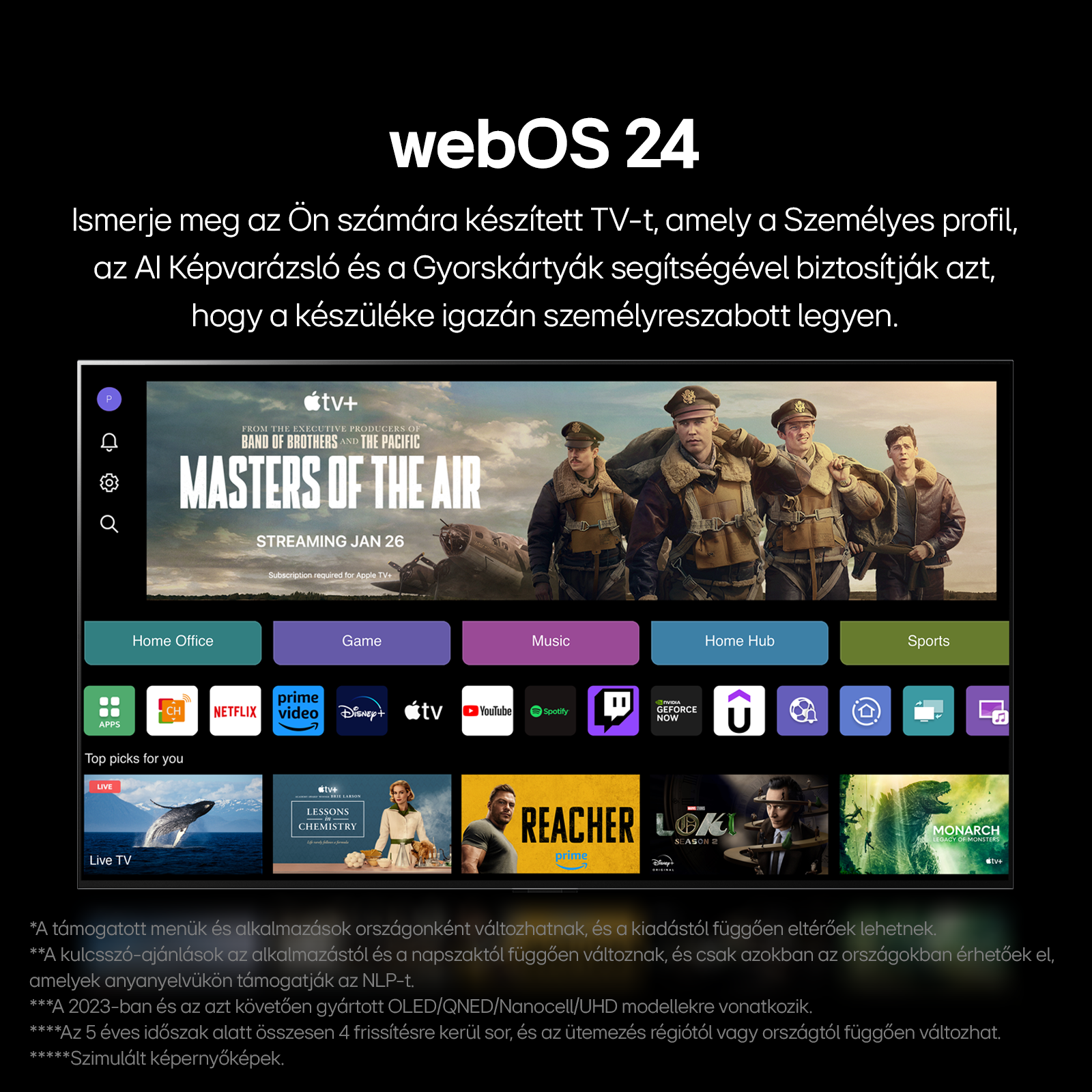 TV képernyő streaming szolgáltatás felületét mutatja, egyenruhás férfiakkal.