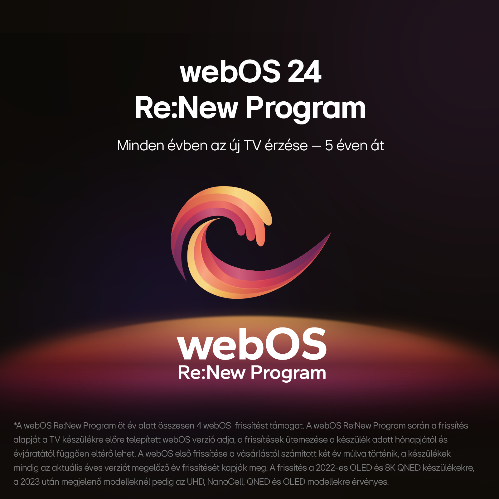 Promóciós grafika a "webOS 24 Re:New Program" felirattal. Tartalmaz egy logót színátmenettel.