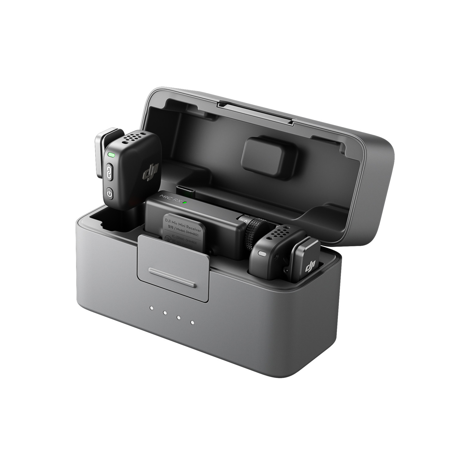 Zwarte microfoon oplaadcase open met microfoons. Zwart-grijze kleurstelling. Witte achtergrond.