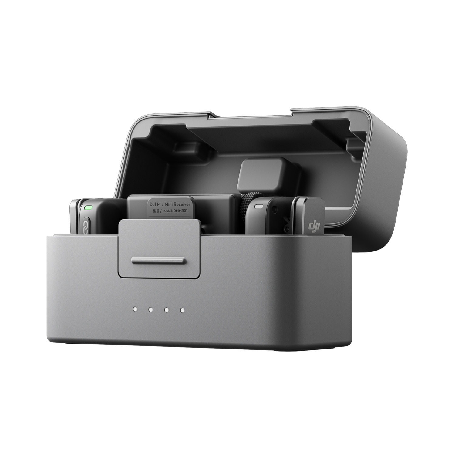 Een grijze draagtas voor de DJI Mic Mini Receiver, met oplaadpoorten.