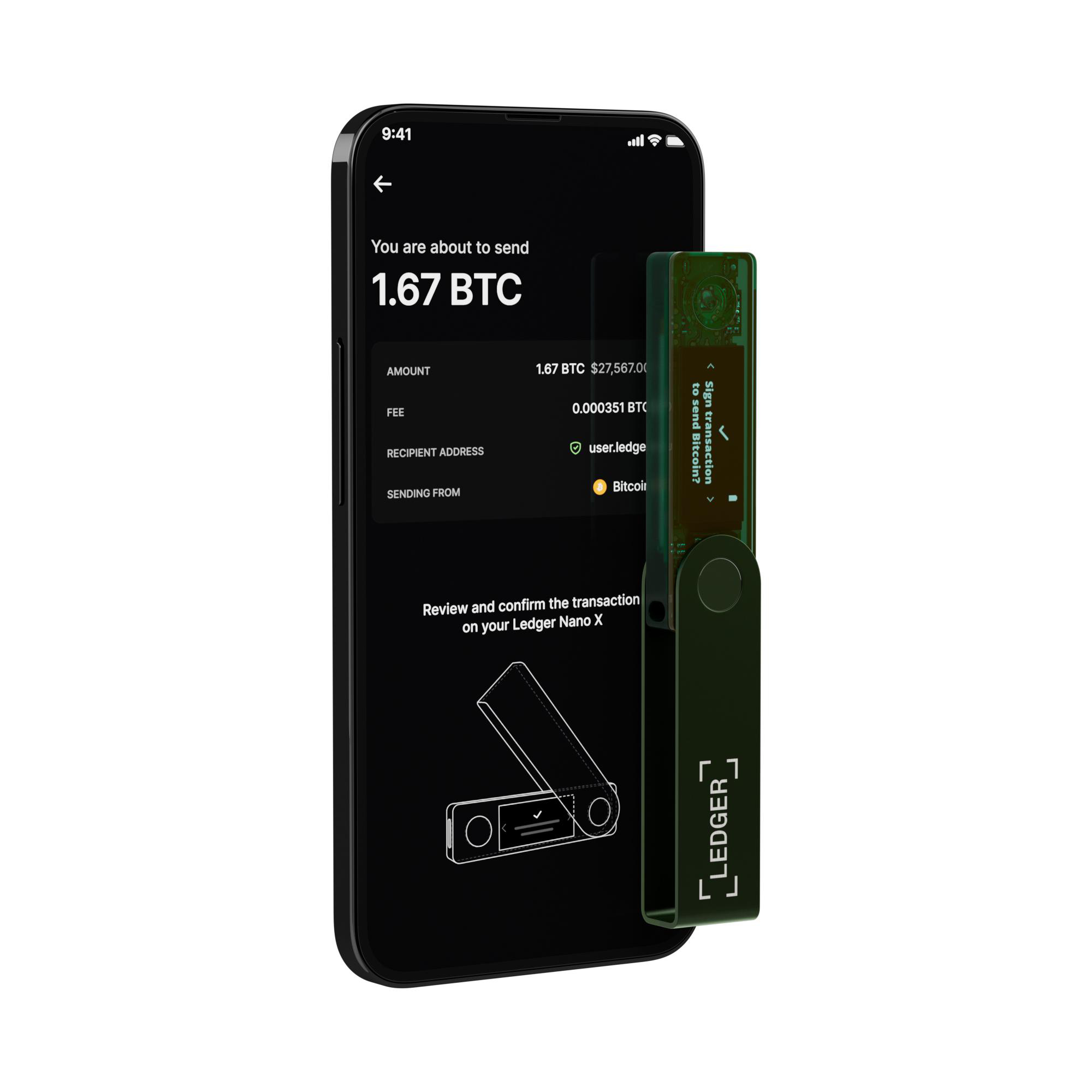 Ein Ledger Nano X Gerät neben einem Handy-Bildschirm, der eine Bitcoin-Transaktion zeigt.
