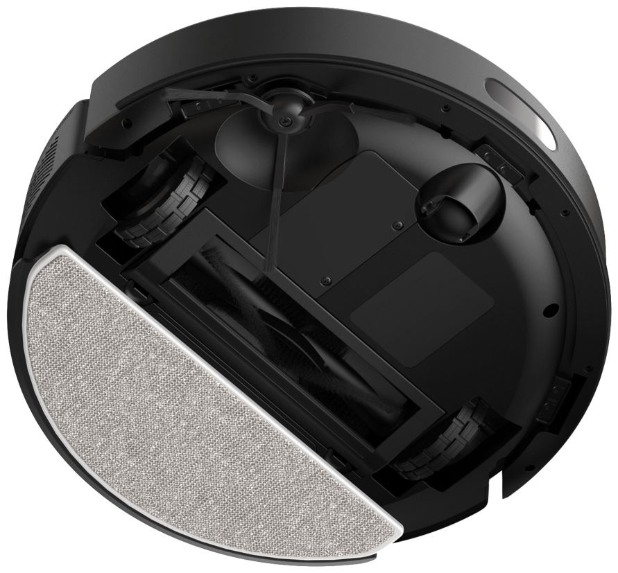 Egy fekete robotporszívó alulnézetből. A kép egy kör alakú keretben van.