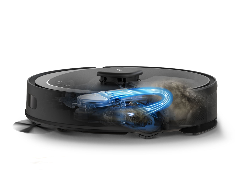 Egy átlátszó, fekete robotporszívó kék légáramlási grafikával.