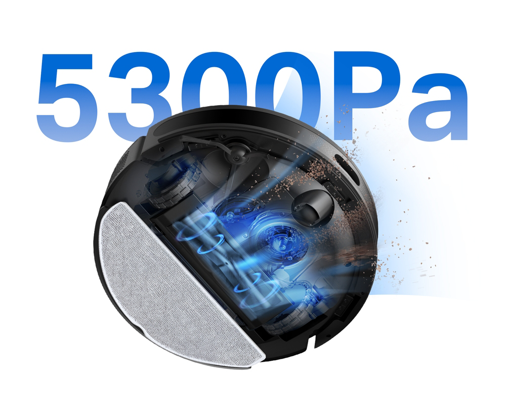 Egy fekete robotporszívó 5300Pa felirattal, belső alkatrészekkel.