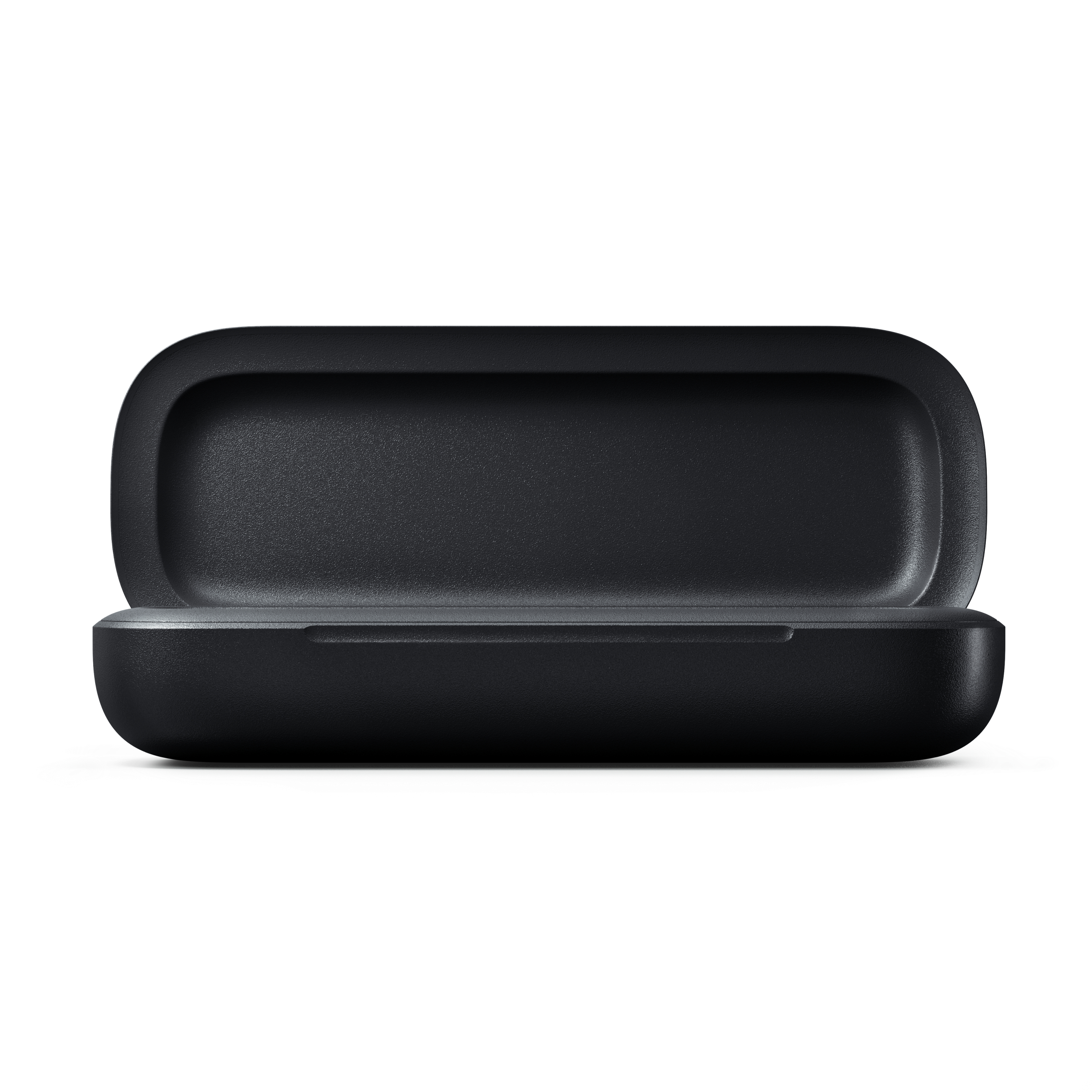 Ein offenes, schwarzes, abgerundetes rechteckiges Etui.