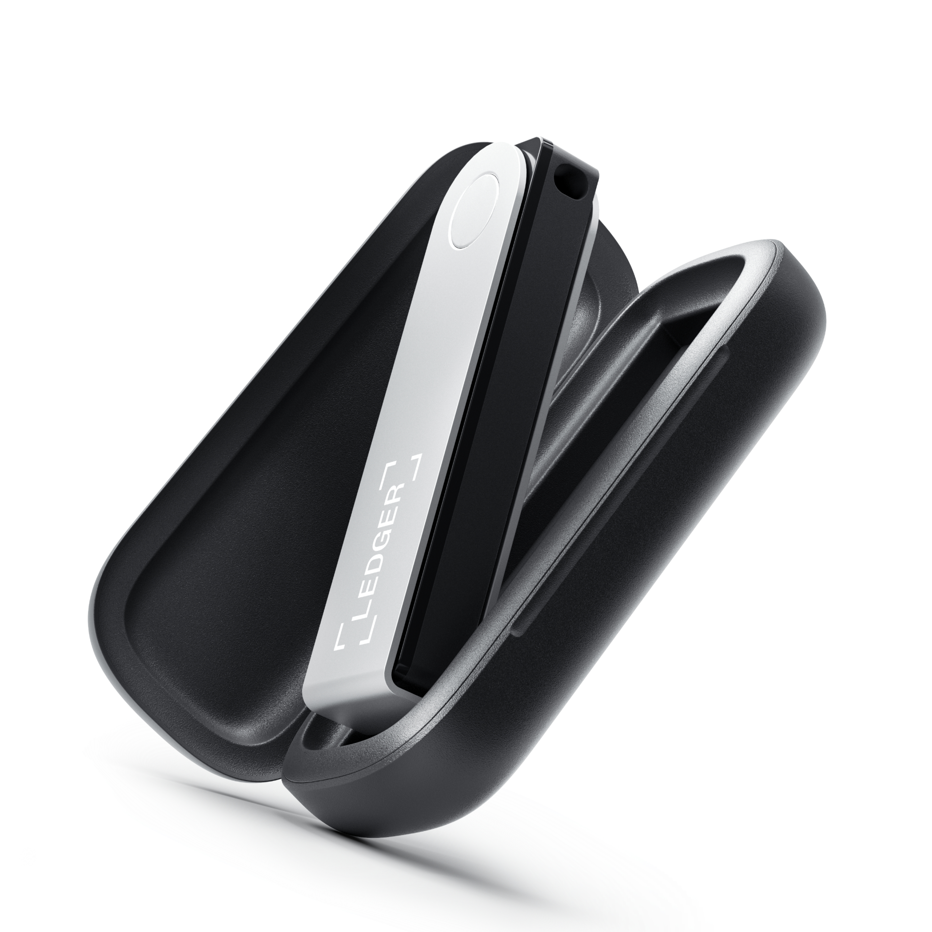 Ledger Krypto-Wallet in einem schwarzen Etui. Wallet ist schwarz und silber.