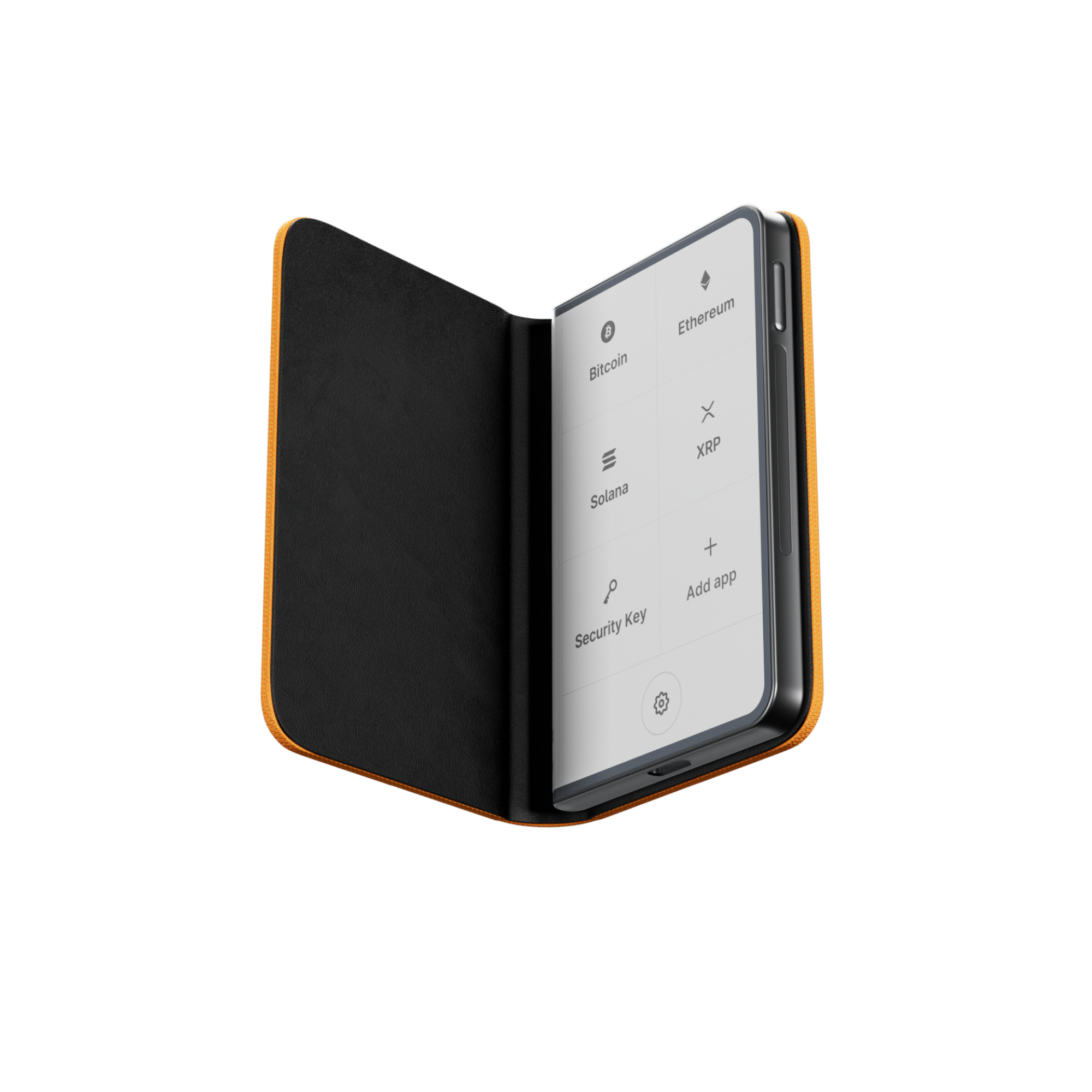 Ein Telefon in einer offenen Brieftaschenhülle. Der Bildschirm zeigt eine Kryptowährungs-App.