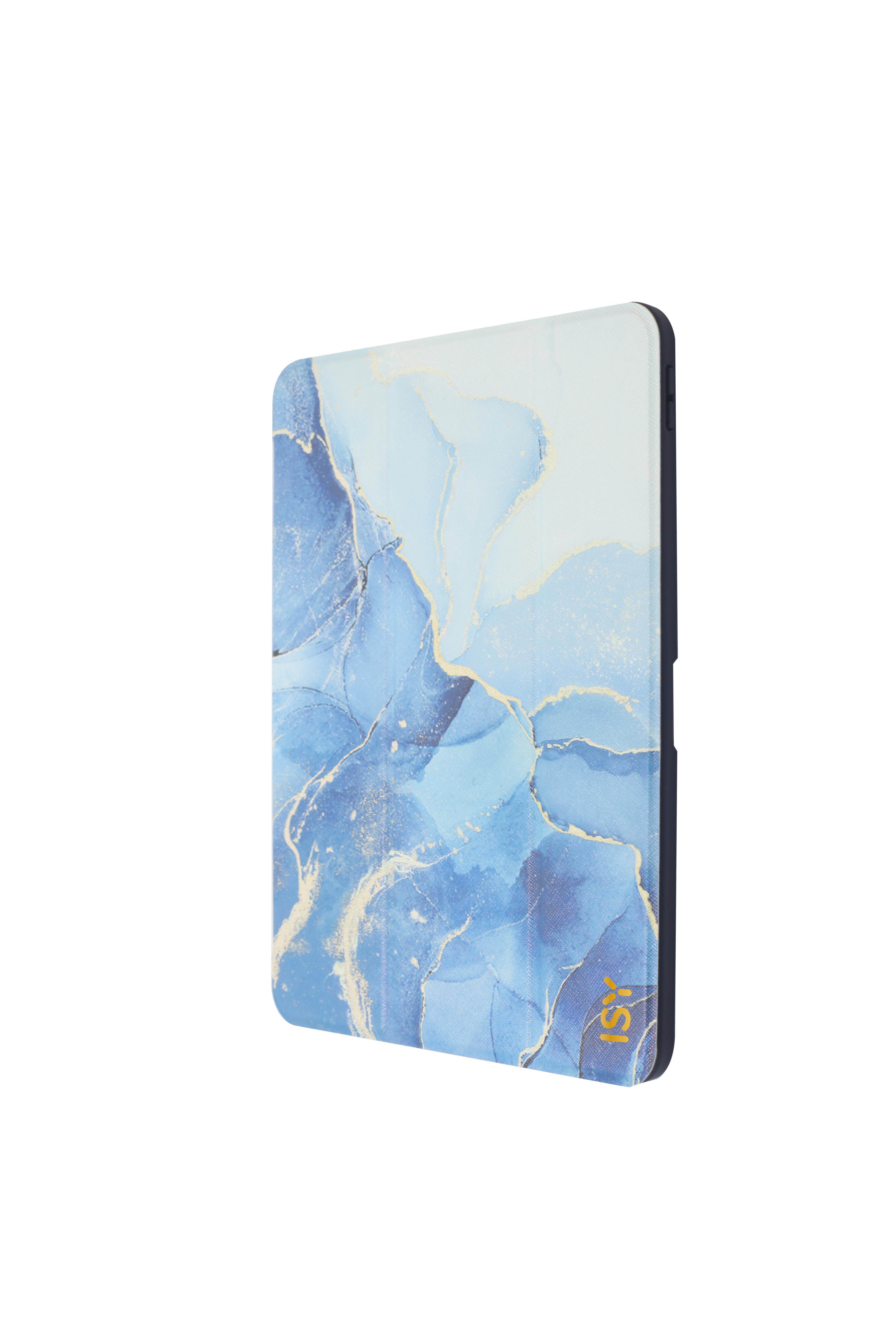 Blau-weiß gemusterte Tablethülle.