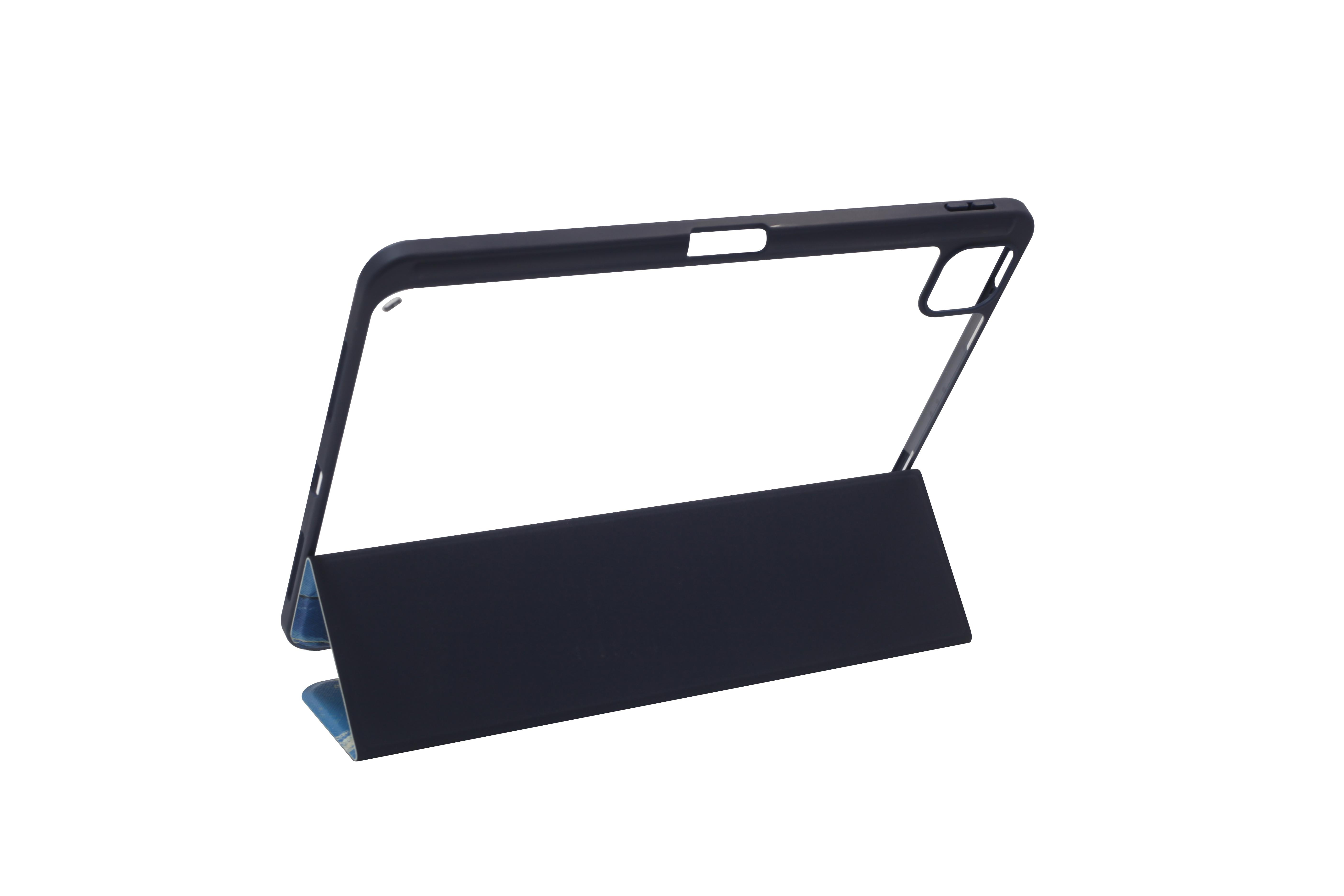 Eine schwarze Tablet-Hülle, offen, die den Bildschirmbereich zeigt, auf weißem Hintergrund.