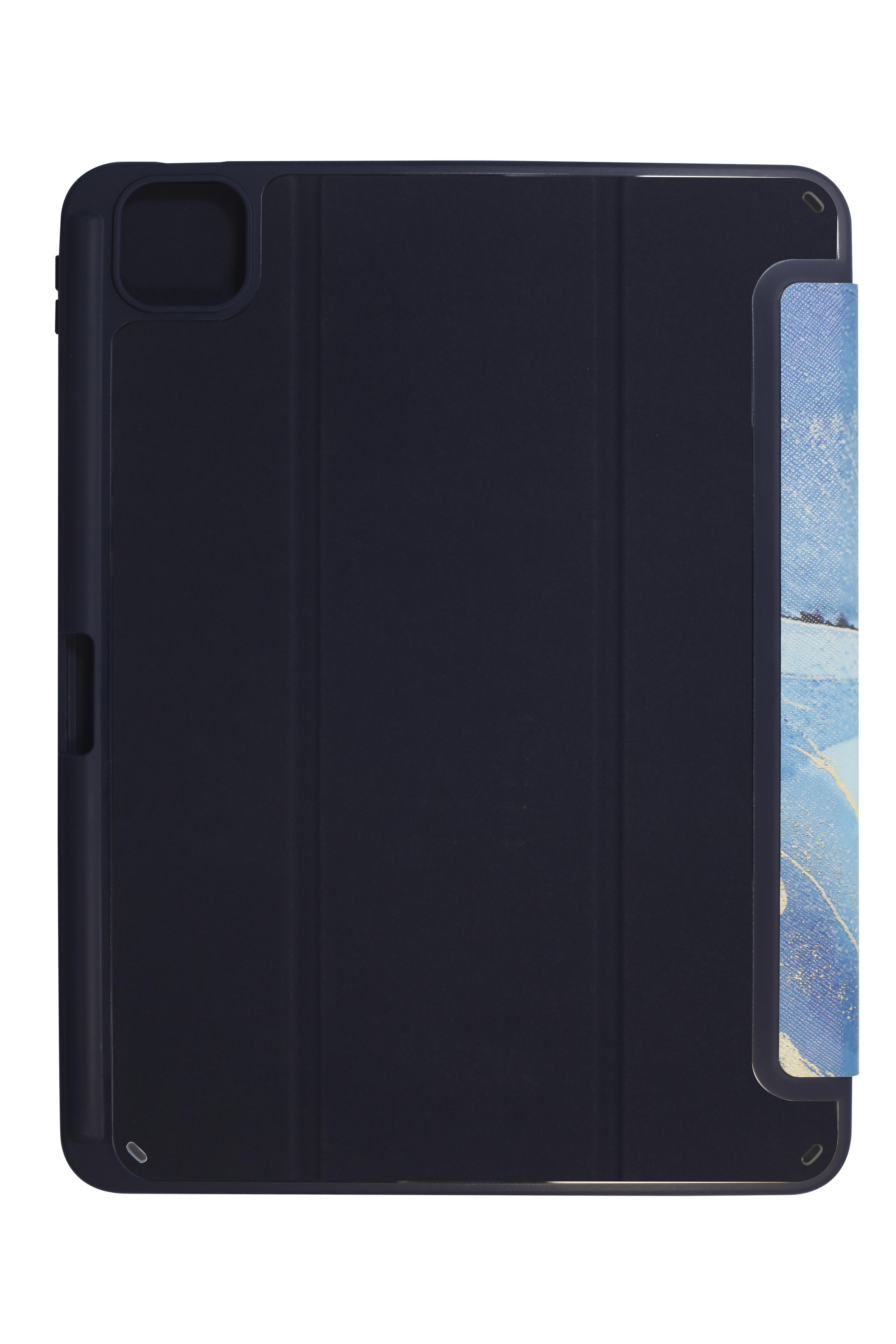 Dunkelblaue iPad-Hülle mit hellblauem, abstraktem Design. Die Hülle ist geschlossen.