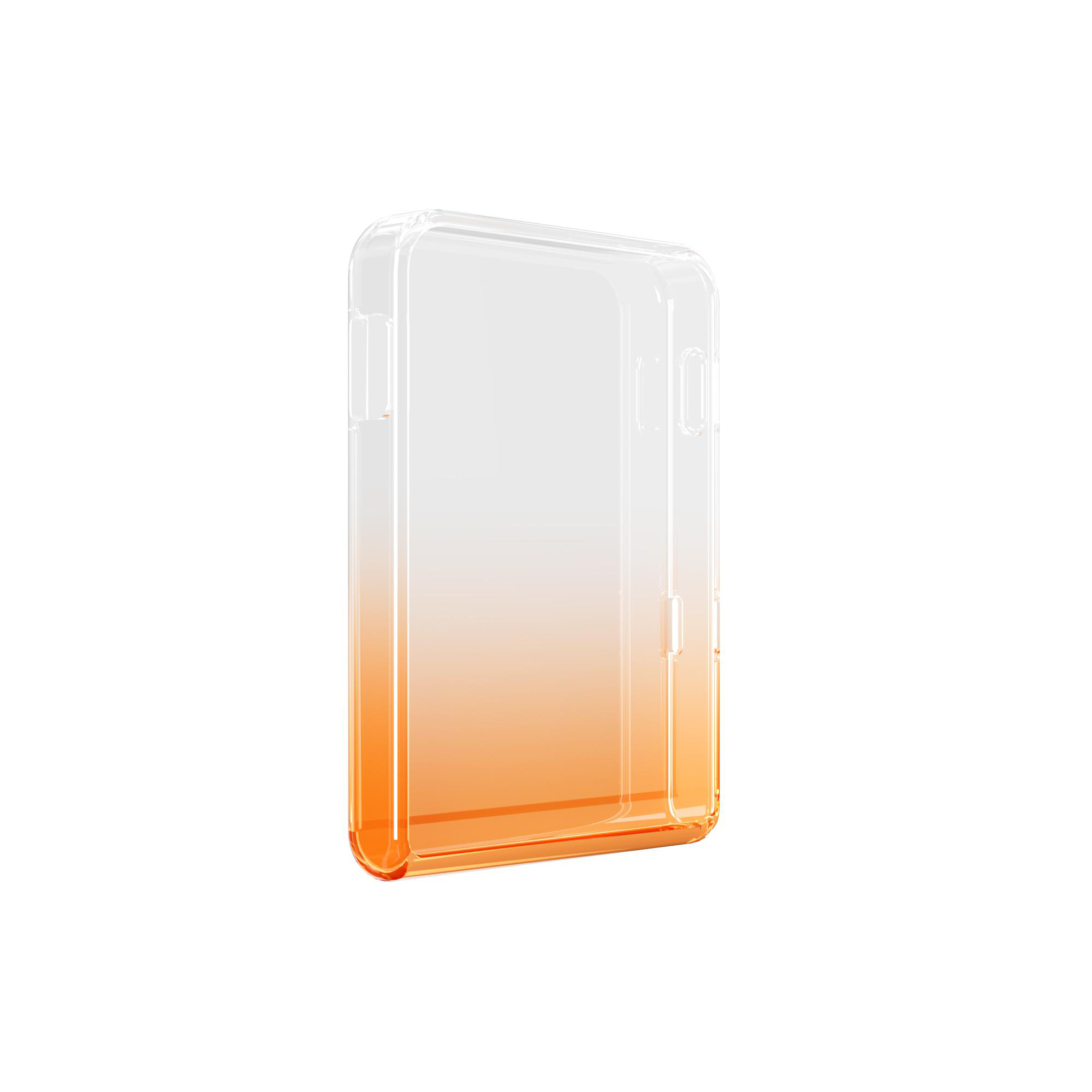Transparente, orangefarbene Handyhülle mit Farbverlauf auf weißem Hintergrund.