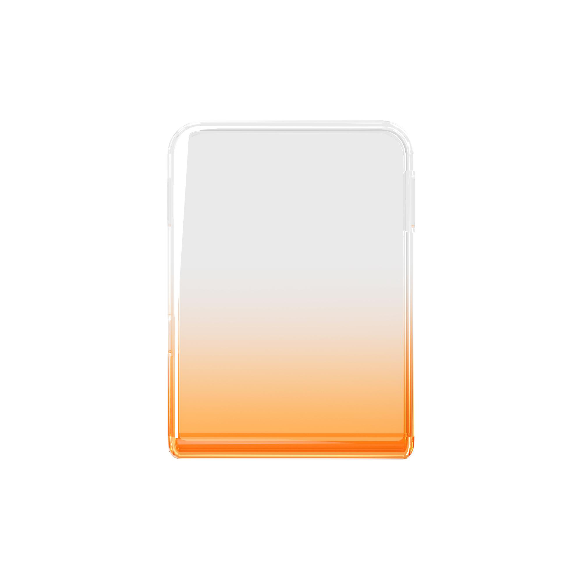 Transparente Handyhülle mit Farbverlauf von Weiß zu Orange auf weißem Hintergrund, einfaches Design.