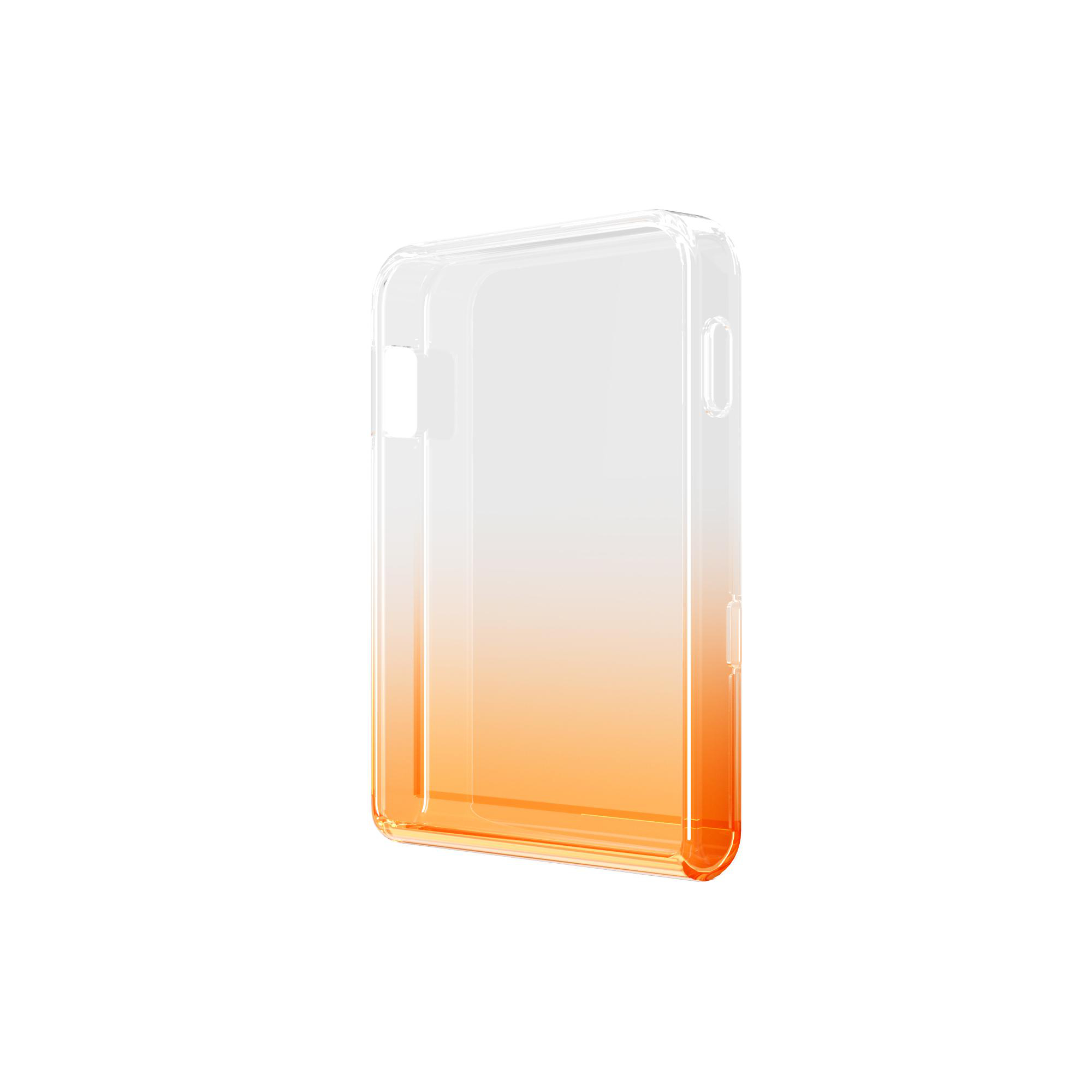 Eine transparente Handyhülle mit einem orangefarbenen Farbverlauf auf weißem Hintergrund.