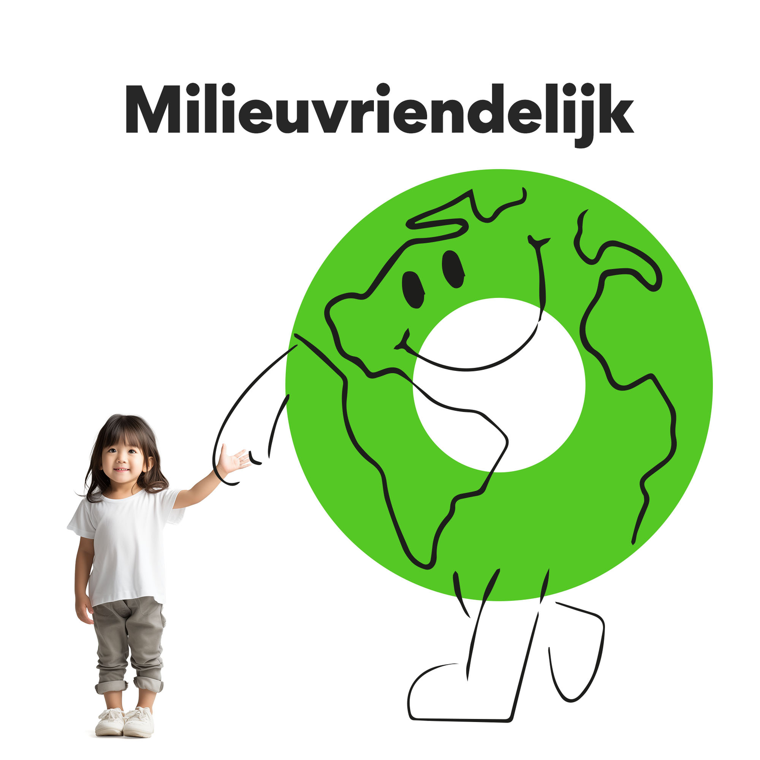 A girl points at a green Earth character with a smiling face; the word 'Milieuvriendelijk' is above.
